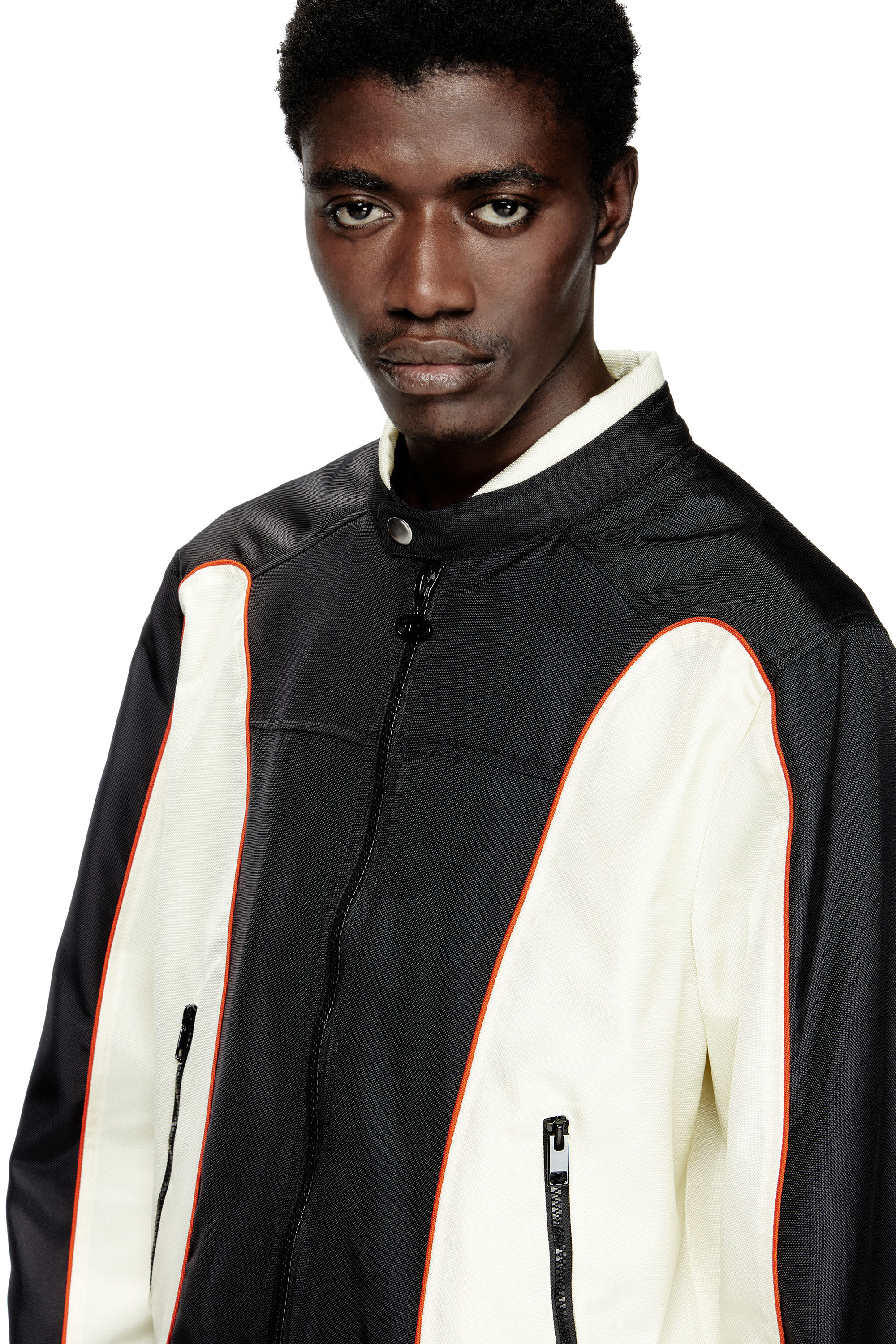 Diesel - J-BLINK-A, Man's Colour-block biker jacket with piping in White/Black - 5