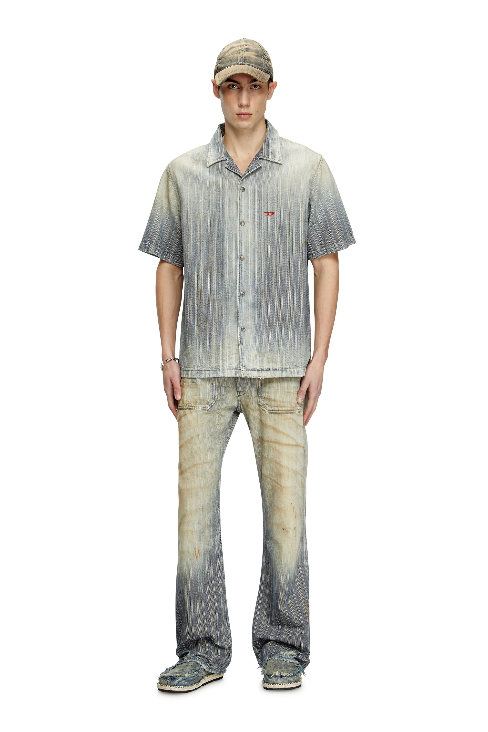 Diesel - D-NABIL-D, Man's Bowling shirt in striped indigo denim in Medium blue - 1
