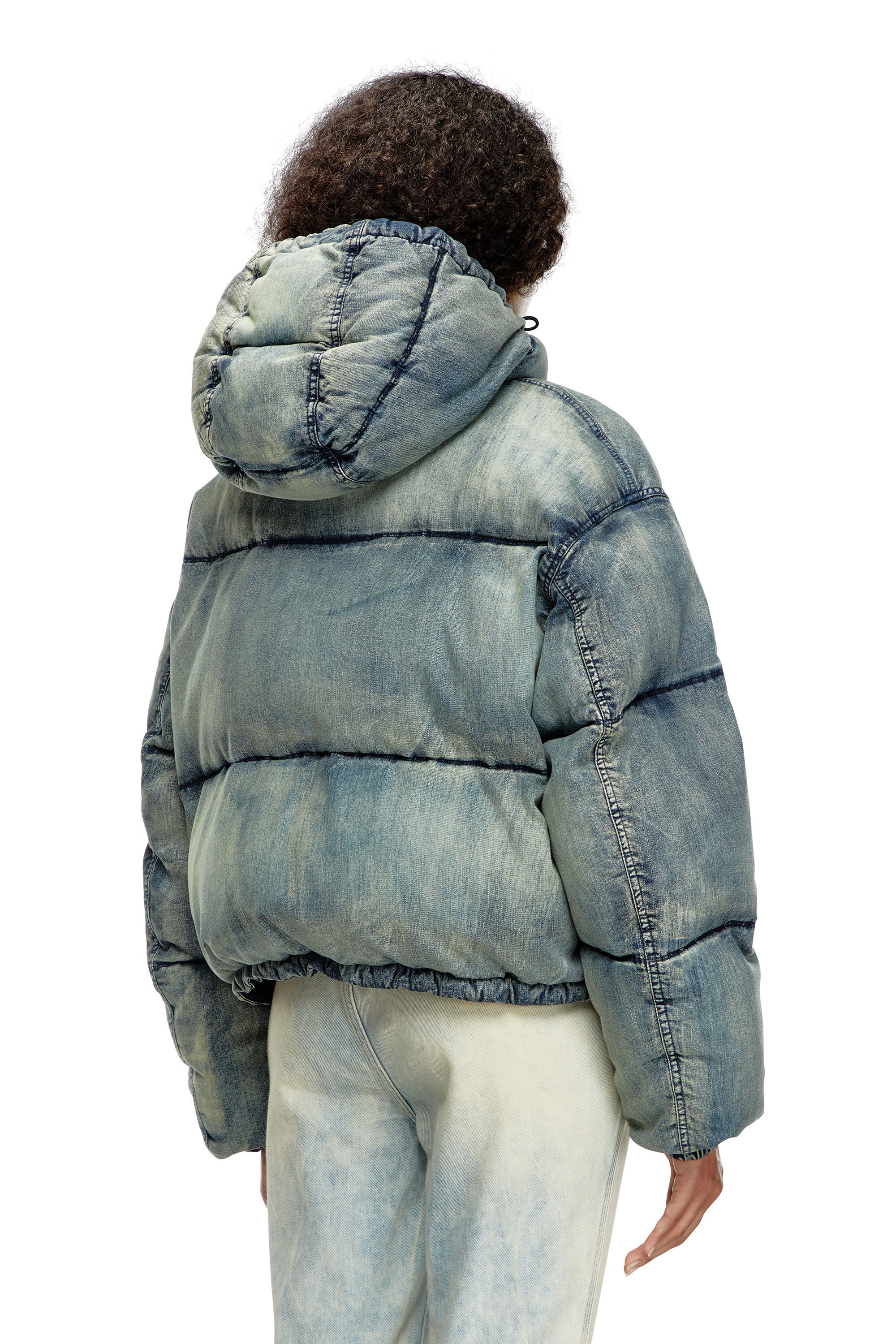 Women's Cropped hooded puffer jacket in denim | Blue | Diesel Women's Cropped hooded puffer jacket in denim | Blue | Diesel