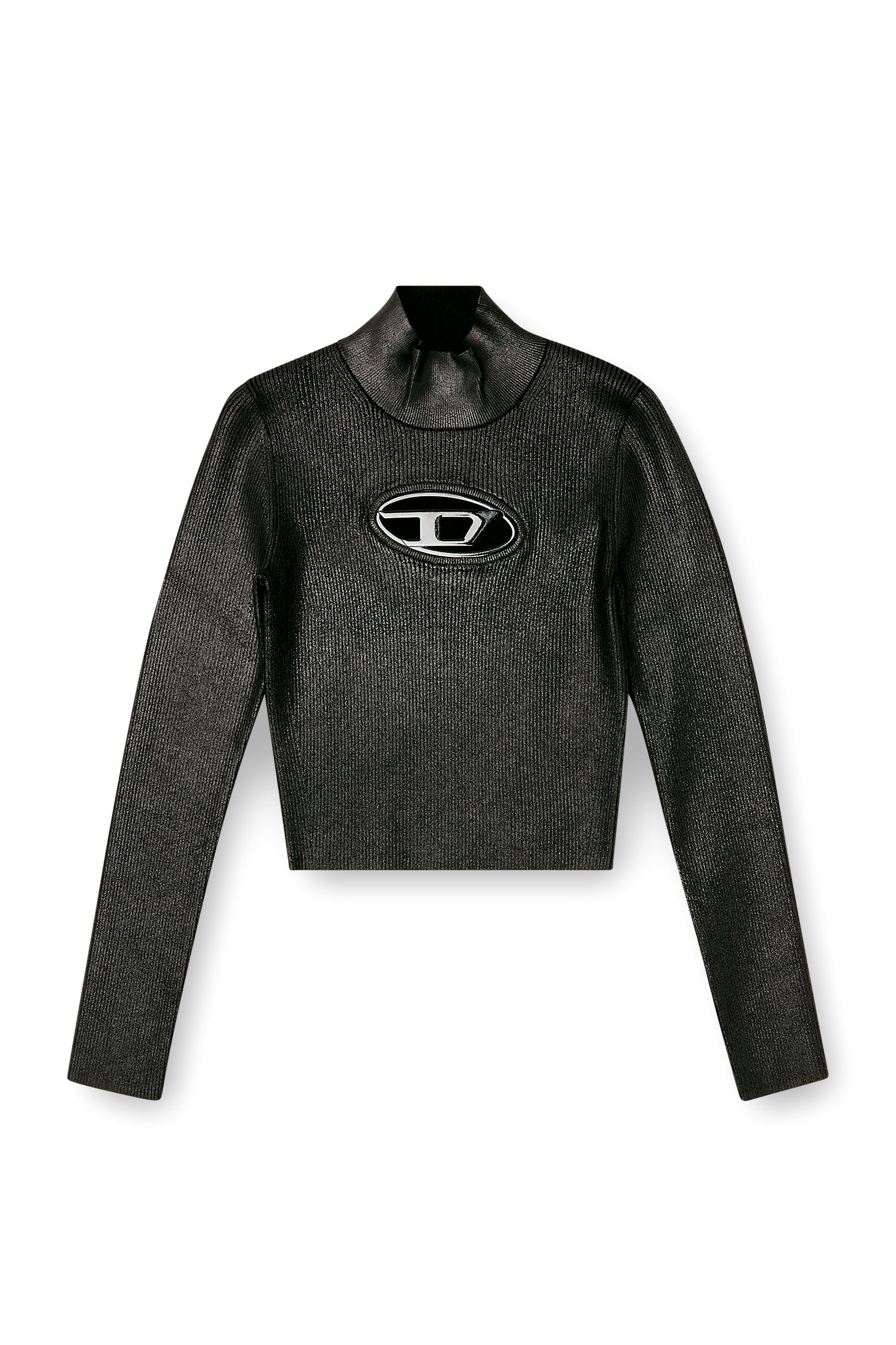 Diesel - M-VALARI-TN, Woman's Ribbed-knit turtleneck with shiny effect in Black/Silver - 2