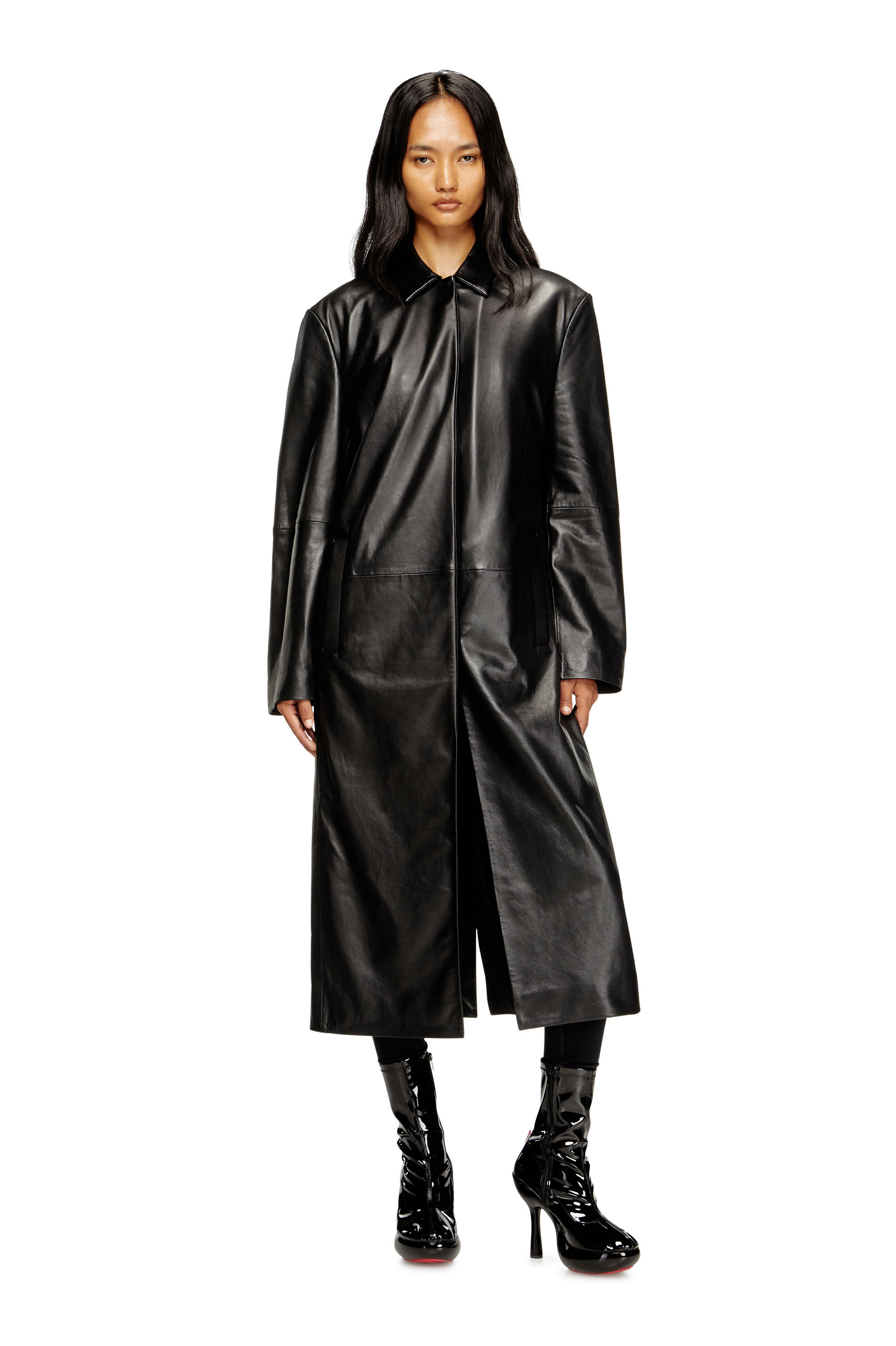 Diesel - L-ANCELOT, Woman's Long padded leather coat in Black - 3