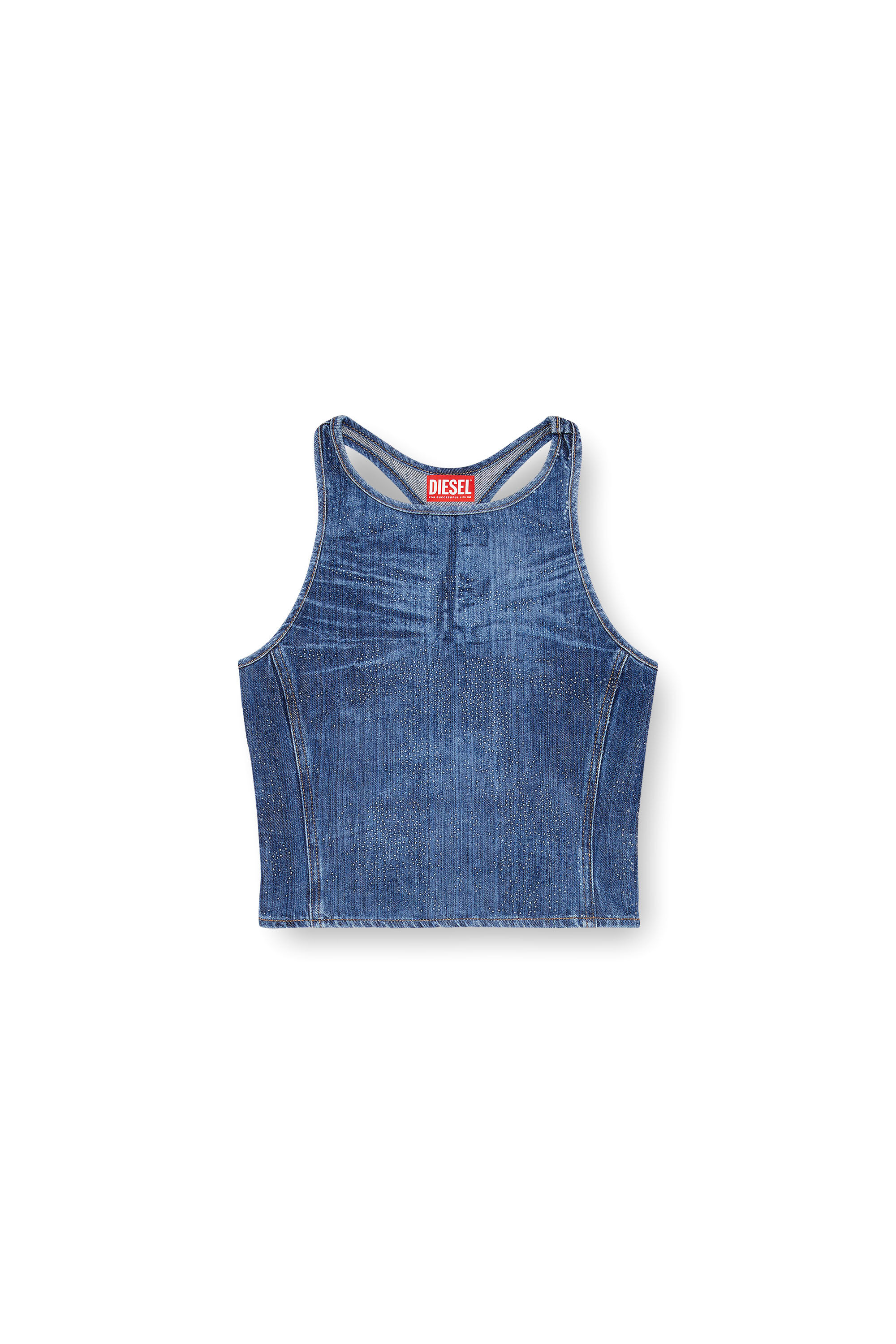 Diesel - DE-PLAQUE-S, Woman's Racerback top in rhinestone denim in Medium blue - 2