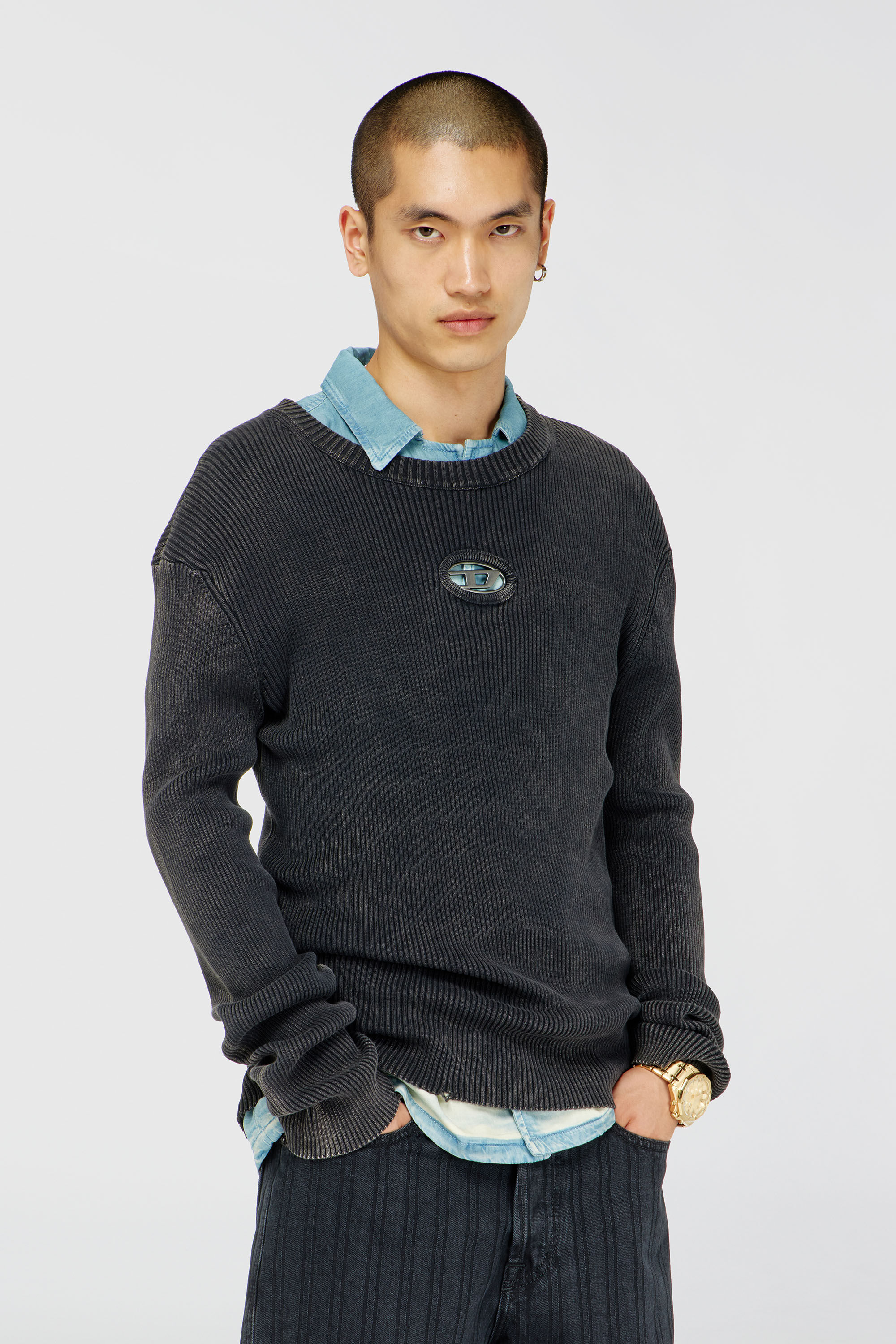 Diesel - K-DARIN-D, Man's Distressed jumper with cut-out logo in Black - 3