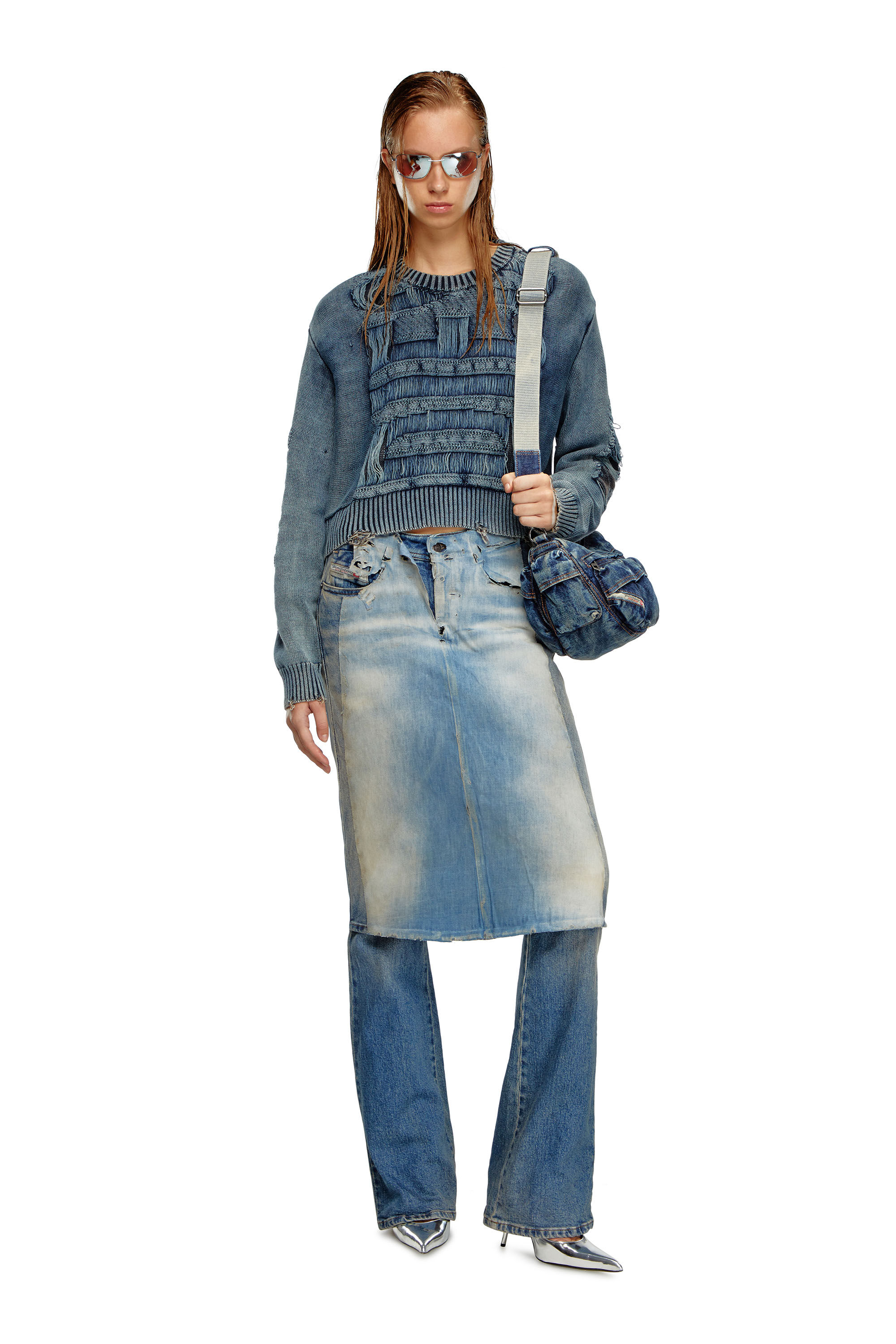 Diesel - M-ROTTA, Woman Destroyed jumper with floating yarn logo in Blue - Image 1