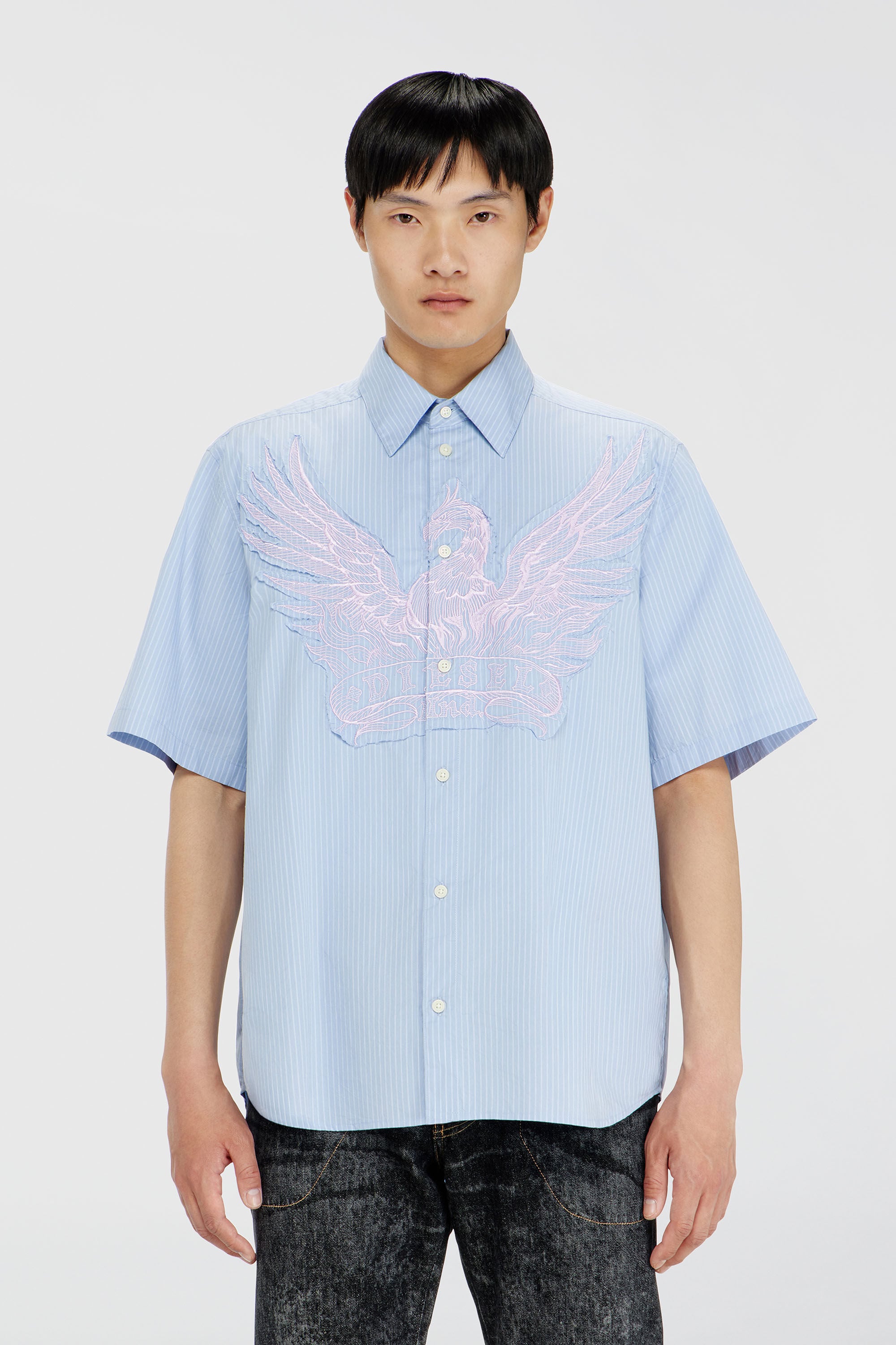 Diesel - S-SIMPLY-SS-AGCZ, Man's Striped poplin shirt with embroidered patch in Light Blue - 3