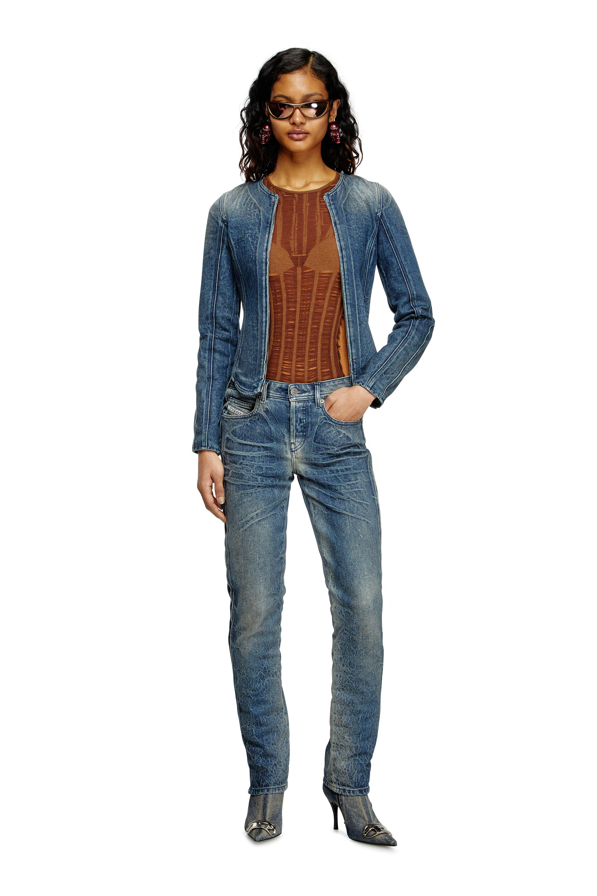 Diesel - M-CALAI-SS, Woman's Seamless T-shirt with lingerie illusion in Brown - 1