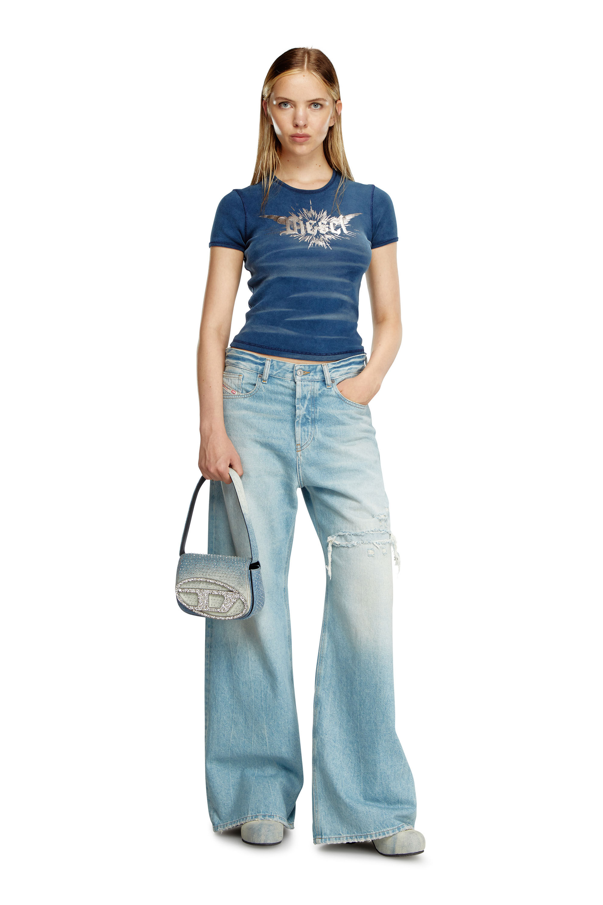 Women's 1DR - Iconic shoulder bag in denim and crystals Women's 1DR - Iconic shoulder bag in denim and crystals