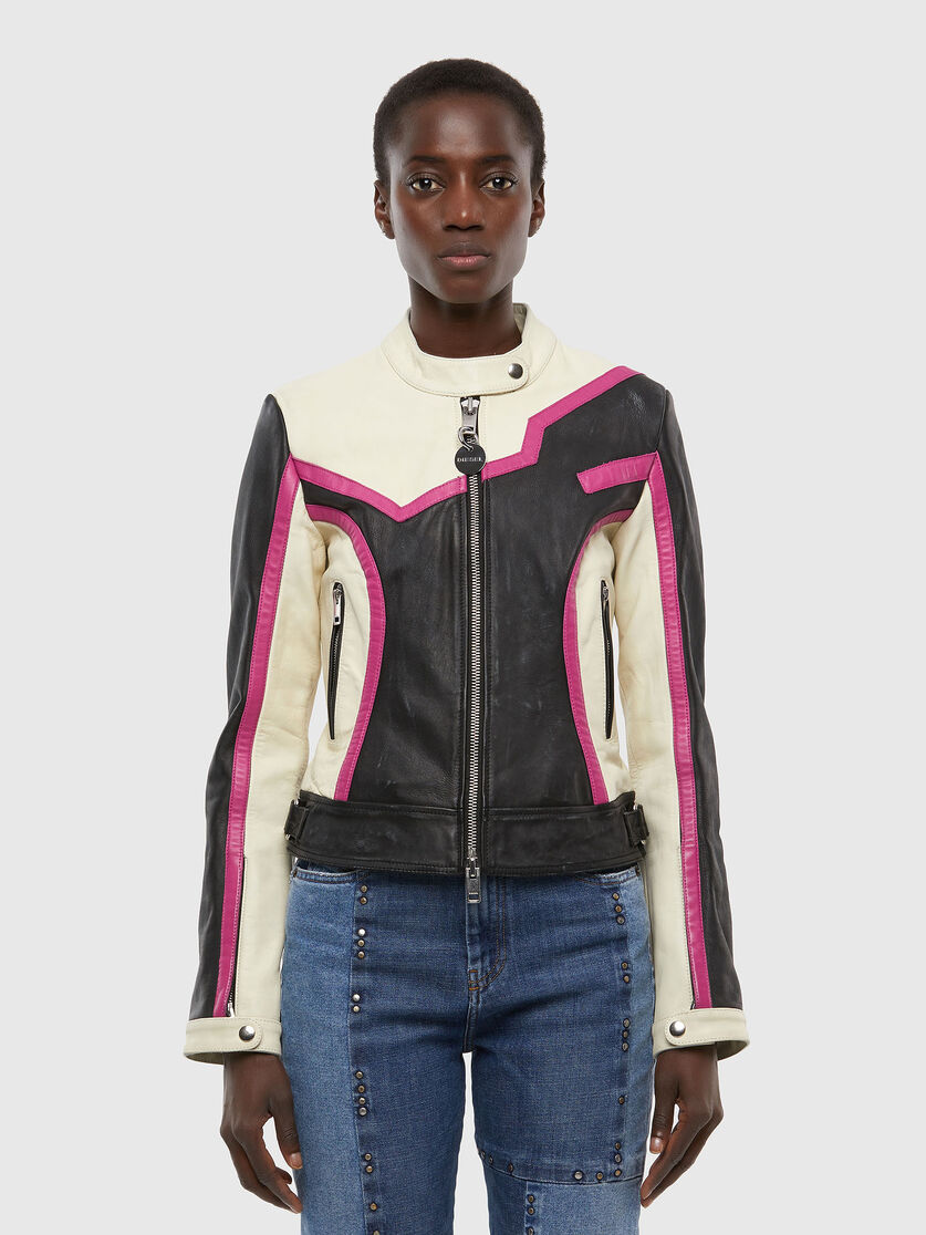 L Jobe Woman Biker Jacket In Colour Block Leather Diesel Pink colour block denim jacket size s. l jobe woman biker jacket in colour