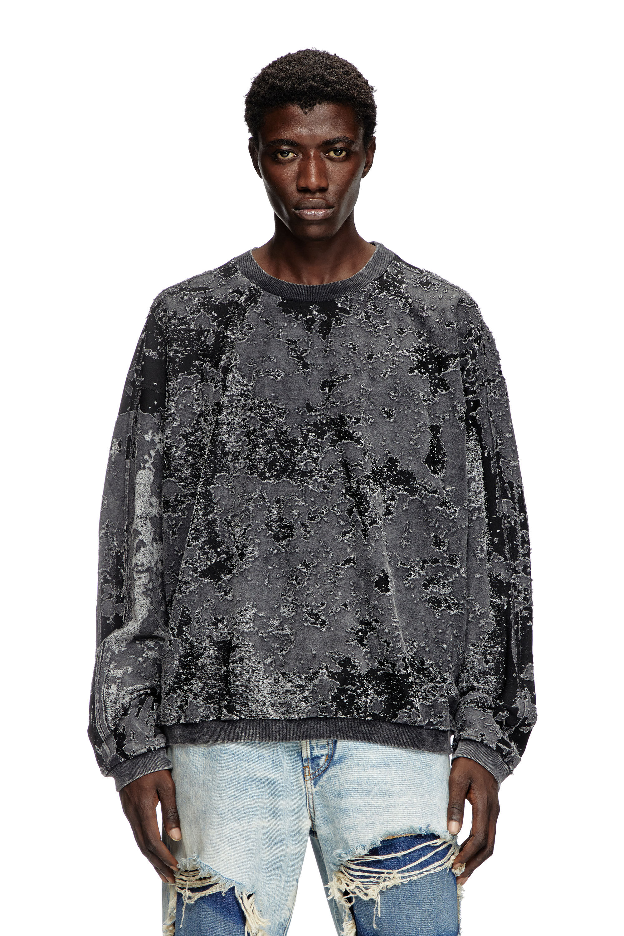 Diesel - S-ARISY, Man's Burnout sweatshirt with camo effect in Black - 3