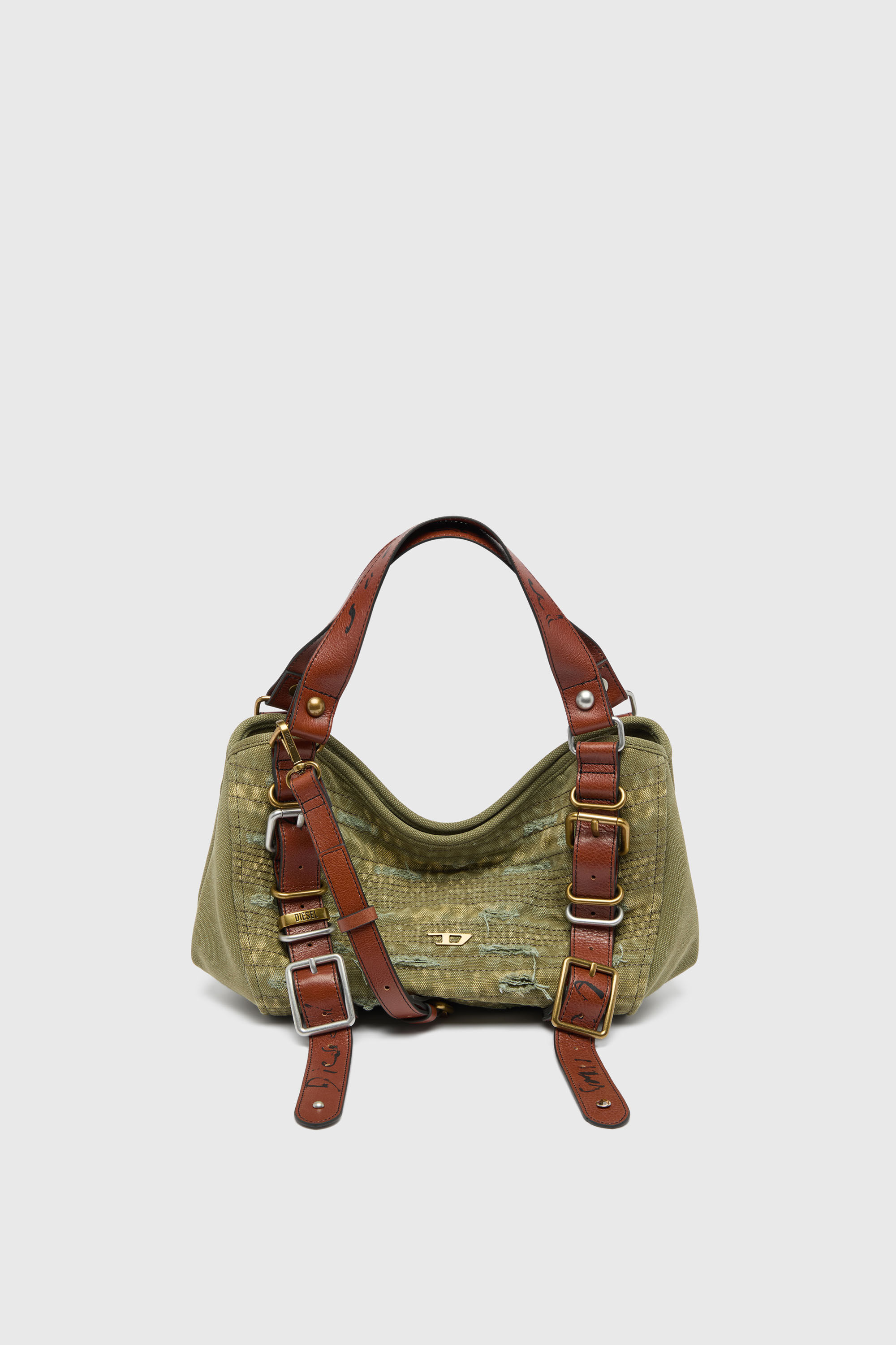 Diesel - D-ONE TOPHANDLE S, Woman's D-One-Small top-handle bag in distressed canvas and leather in Green - 3