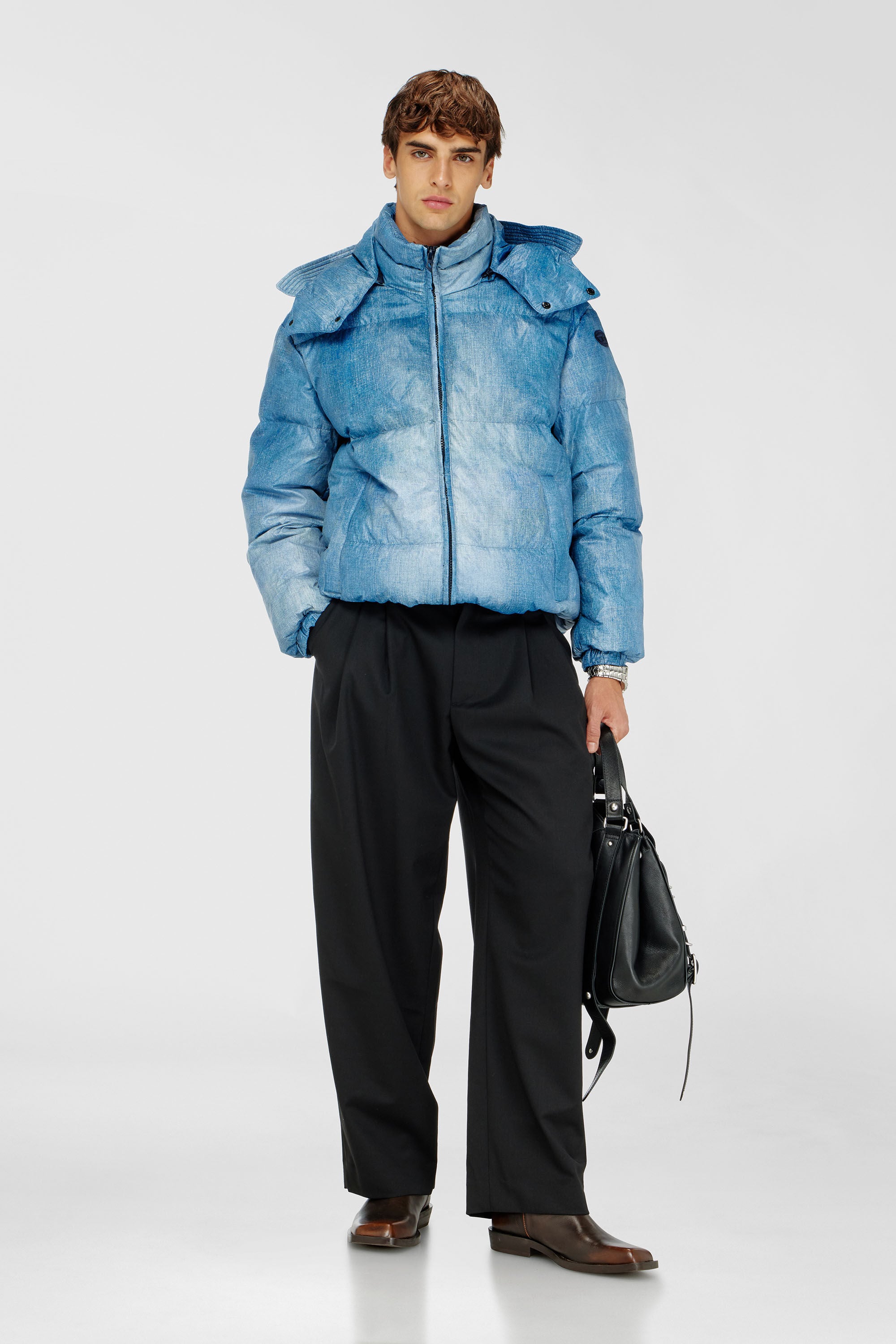 Diesel - W-ROLLY-WRD-BFBN, Man's Hooded down jacket with denim-effect print in Light Blue - 1