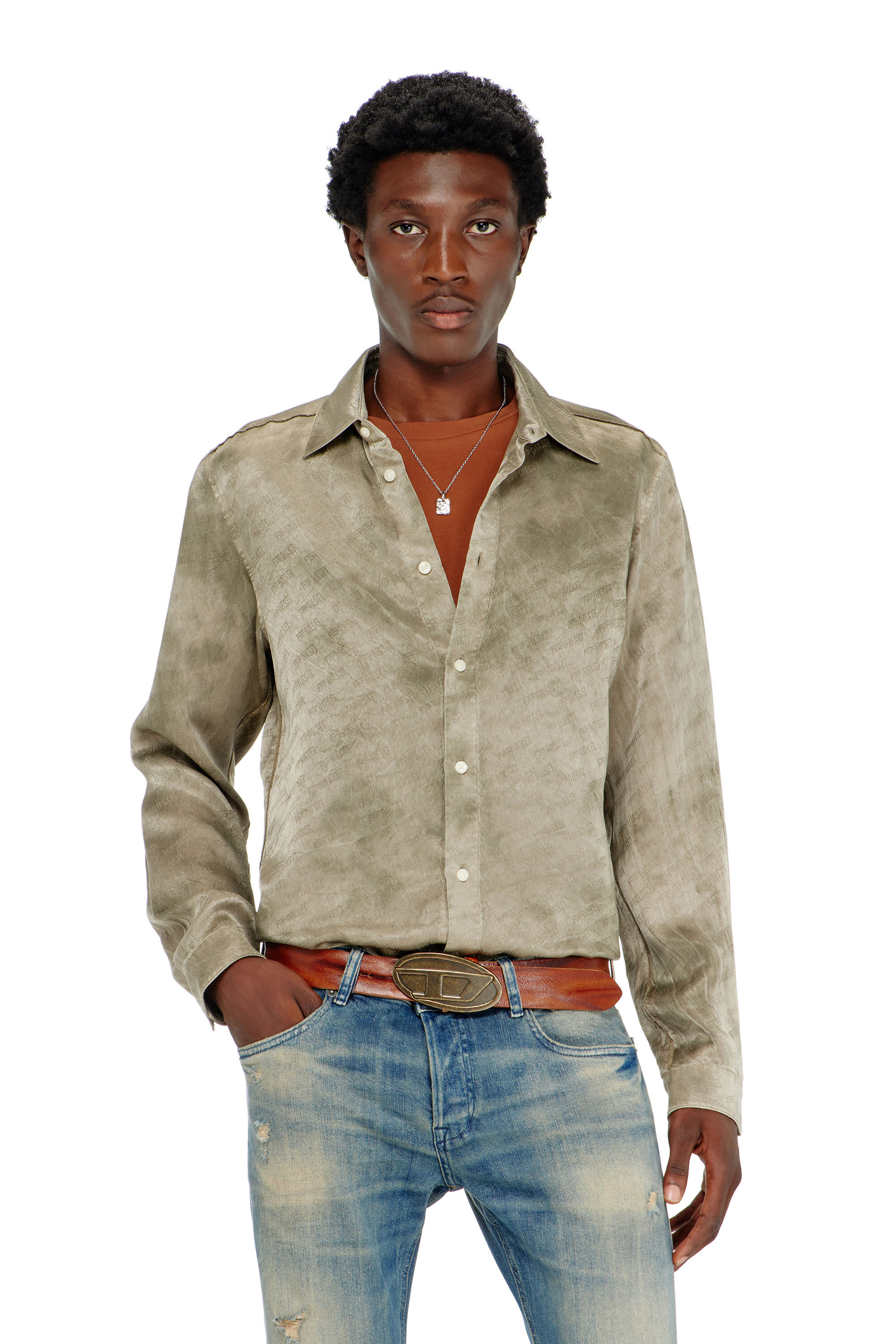 Diesel - S-KISSY-HNBW, Man's Shirt in logo-jacquard crinkled satin in Light Brown - 3