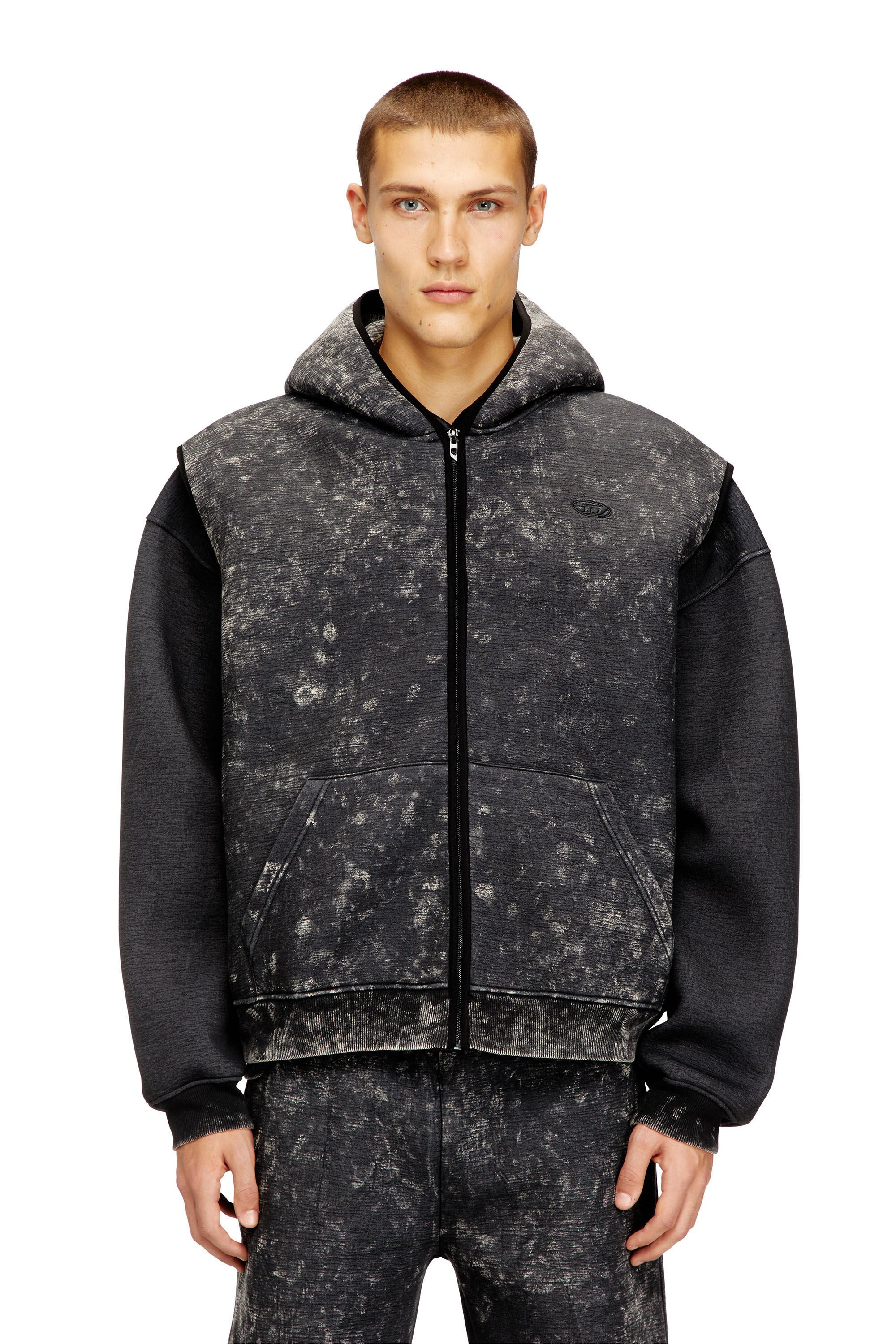 Diesel - S-BOXT-CHAN-SL, Man's Sleeveless scuba hoodie with marble wash in Black/Grey - 3