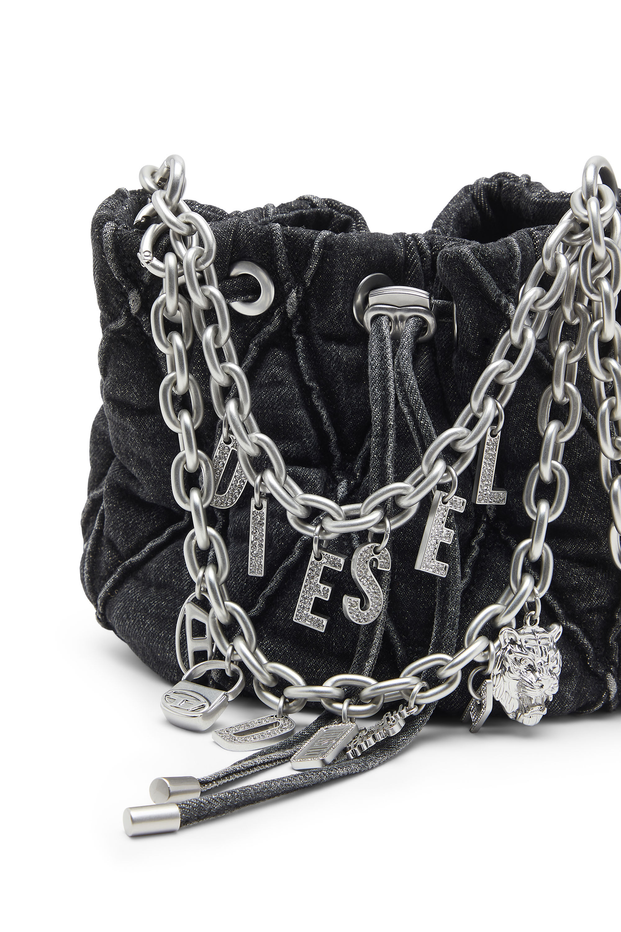 Women's Quilted-denim bucket bag with chain charms | Black