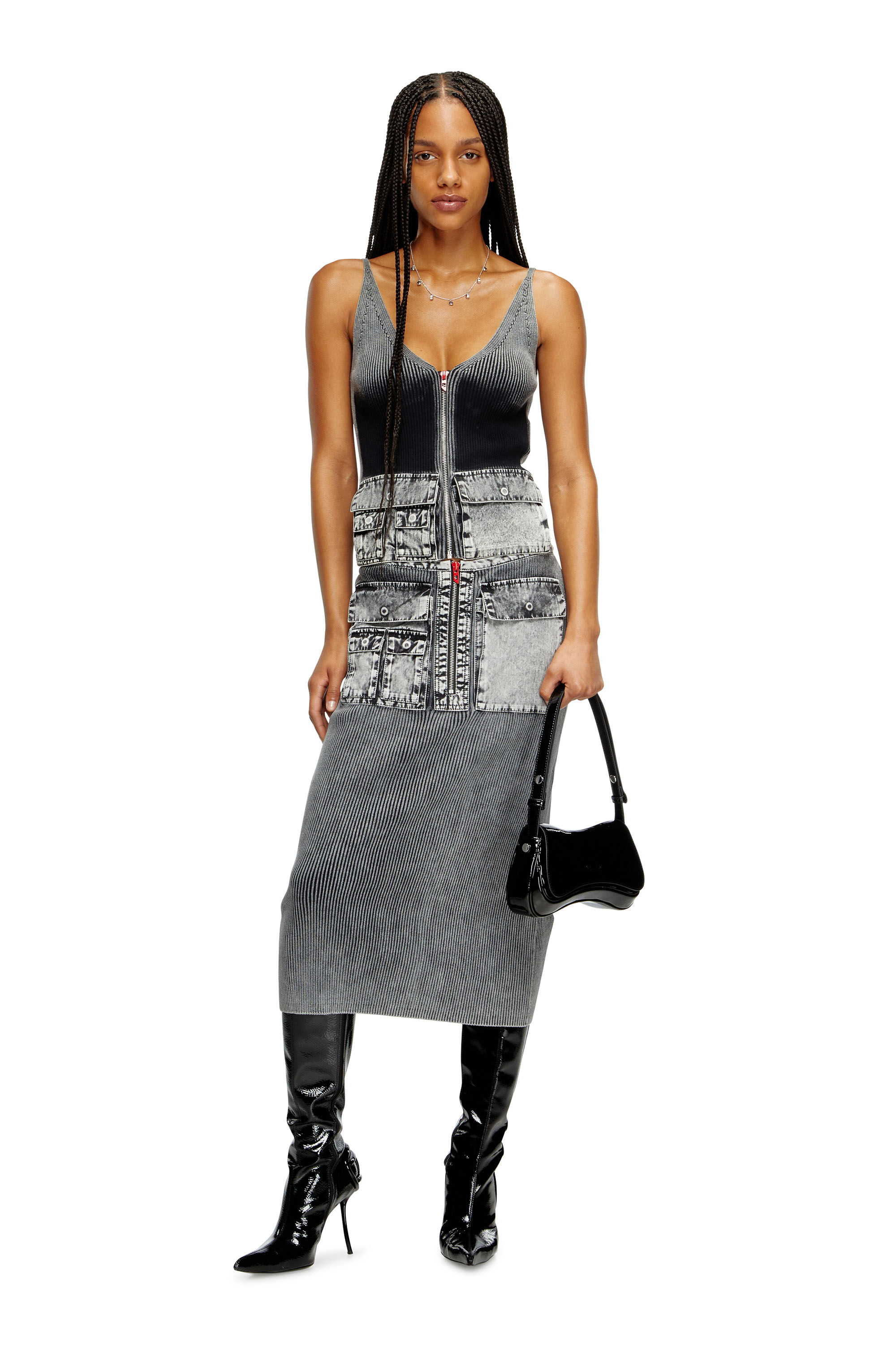 Diesel - M-MELLY, Woman's Knit tank top with denim cargo pockets in Dark grey - 1