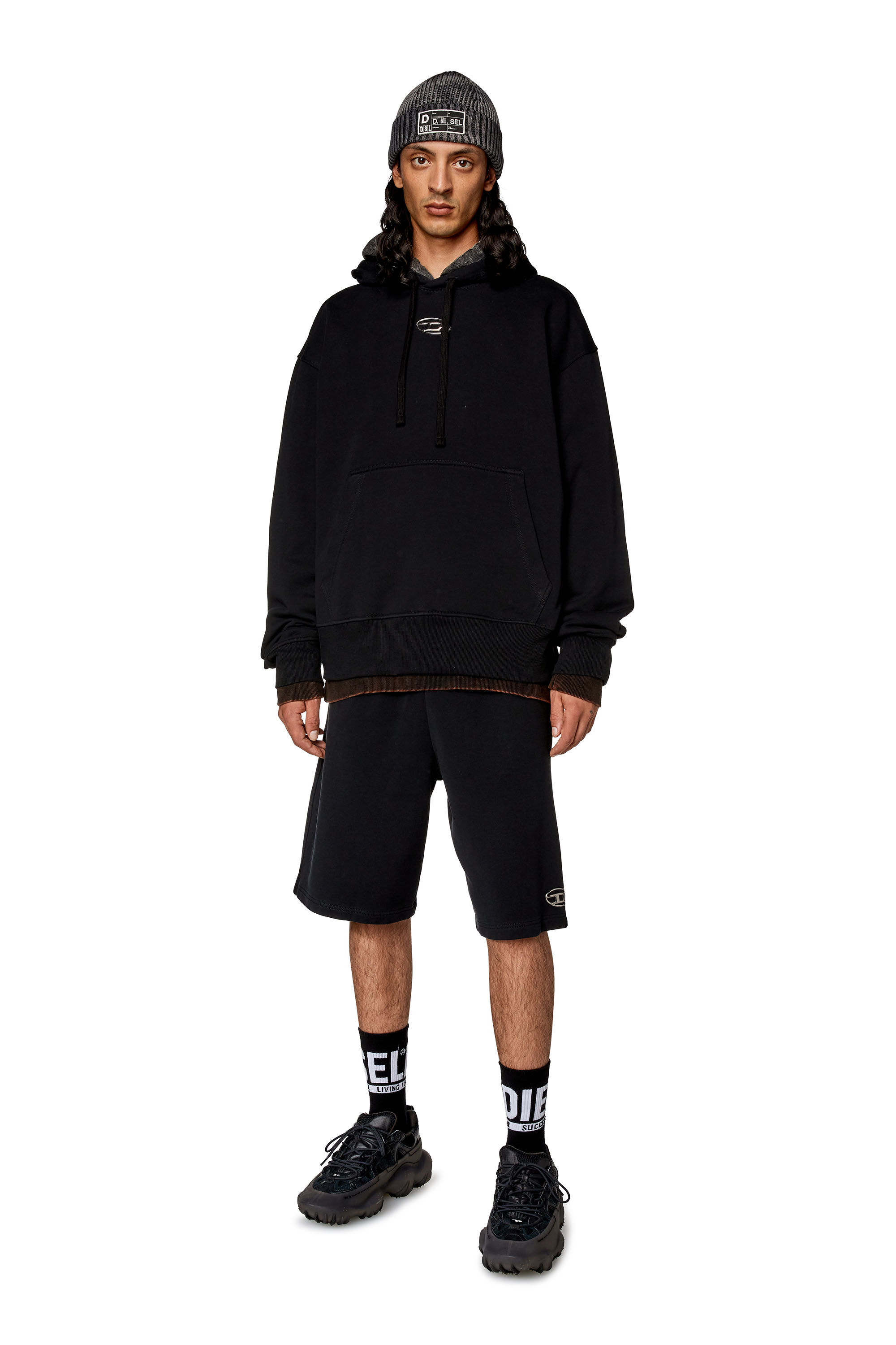 S-MACS-HOOD-OD Men: Oversized black hoodie metallic logo