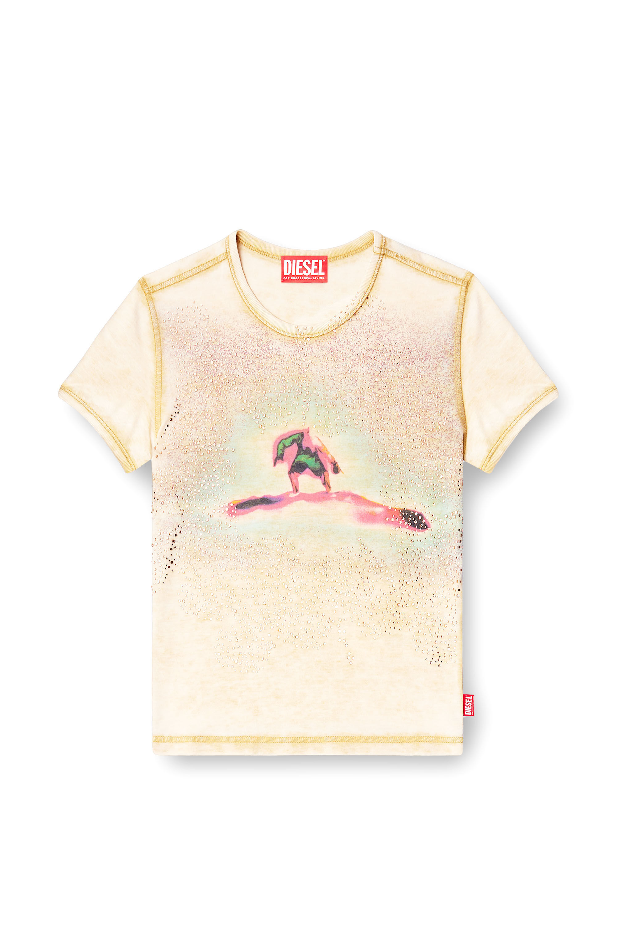 Diesel - T-UNCUTIES-LONG-S10, Woman's Slim T-shirt with rhinestones in Beige - 2