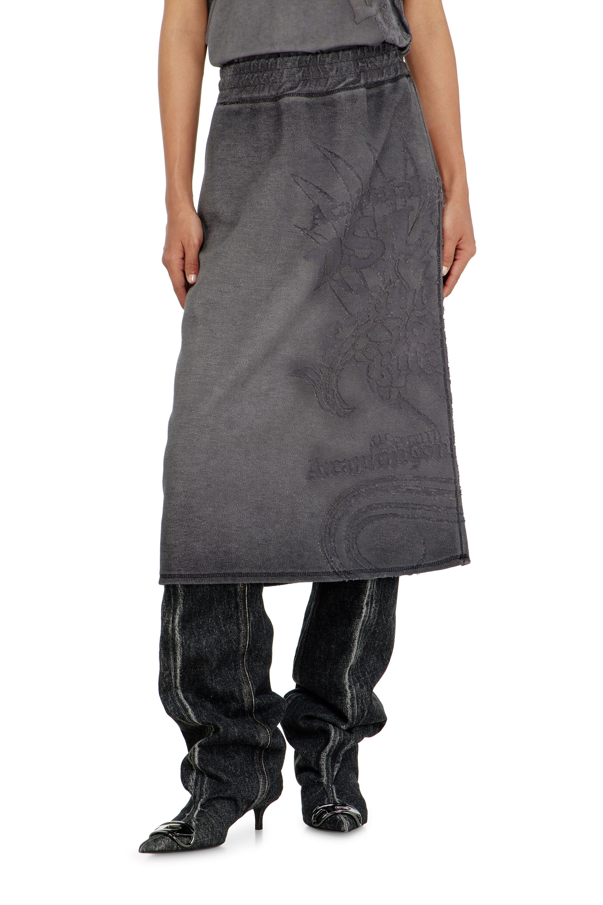 Diesel - O-BEAUTY, Woman's Fleece midi skirt with d&eacute;vor&eacute; print in Dark grey - 3