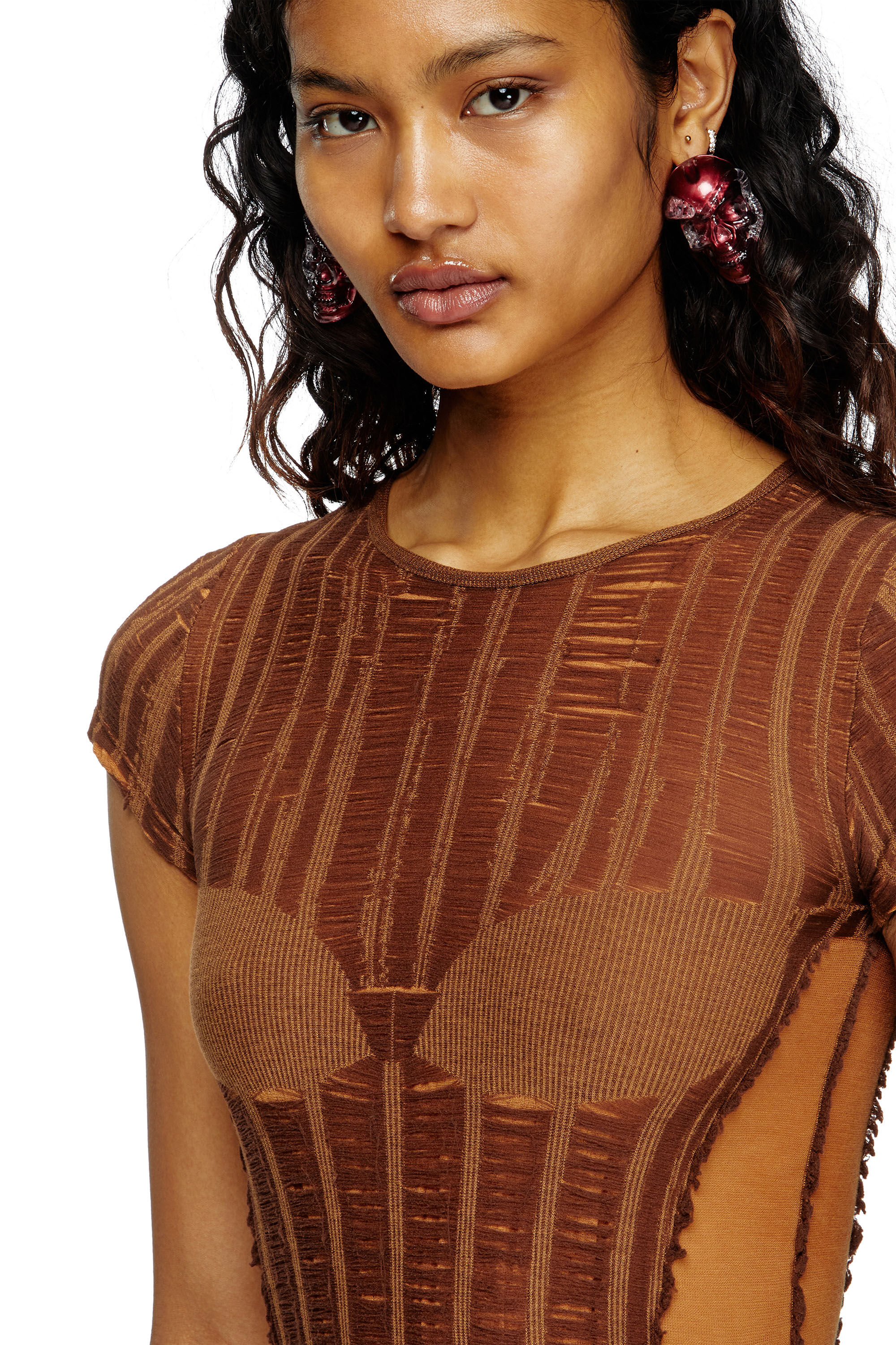 Diesel - M-CALAI-SS, Woman's Seamless T-shirt with lingerie illusion in Brown - 5