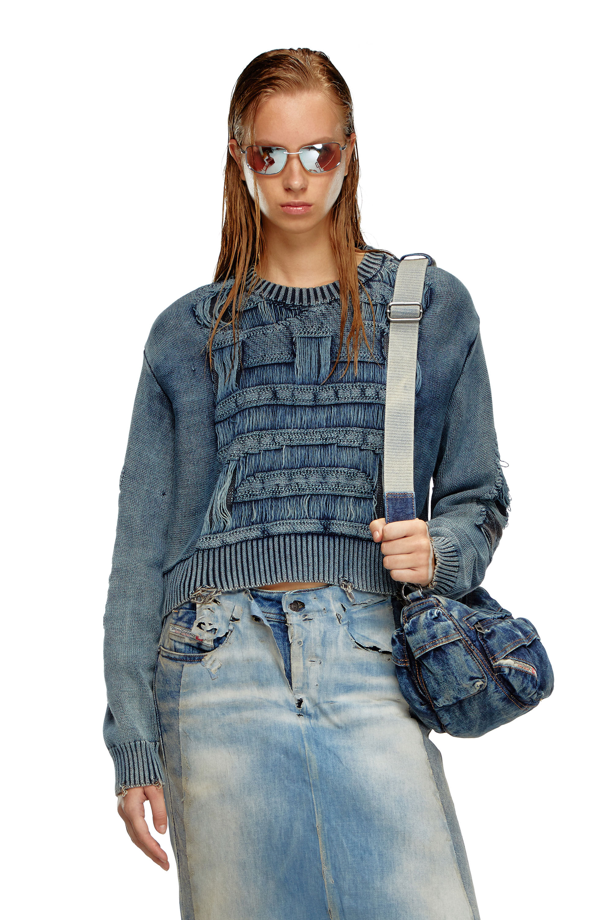 Diesel - M-ROTTA, Woman Destroyed jumper with floating yarn logo in Blue - Image 3