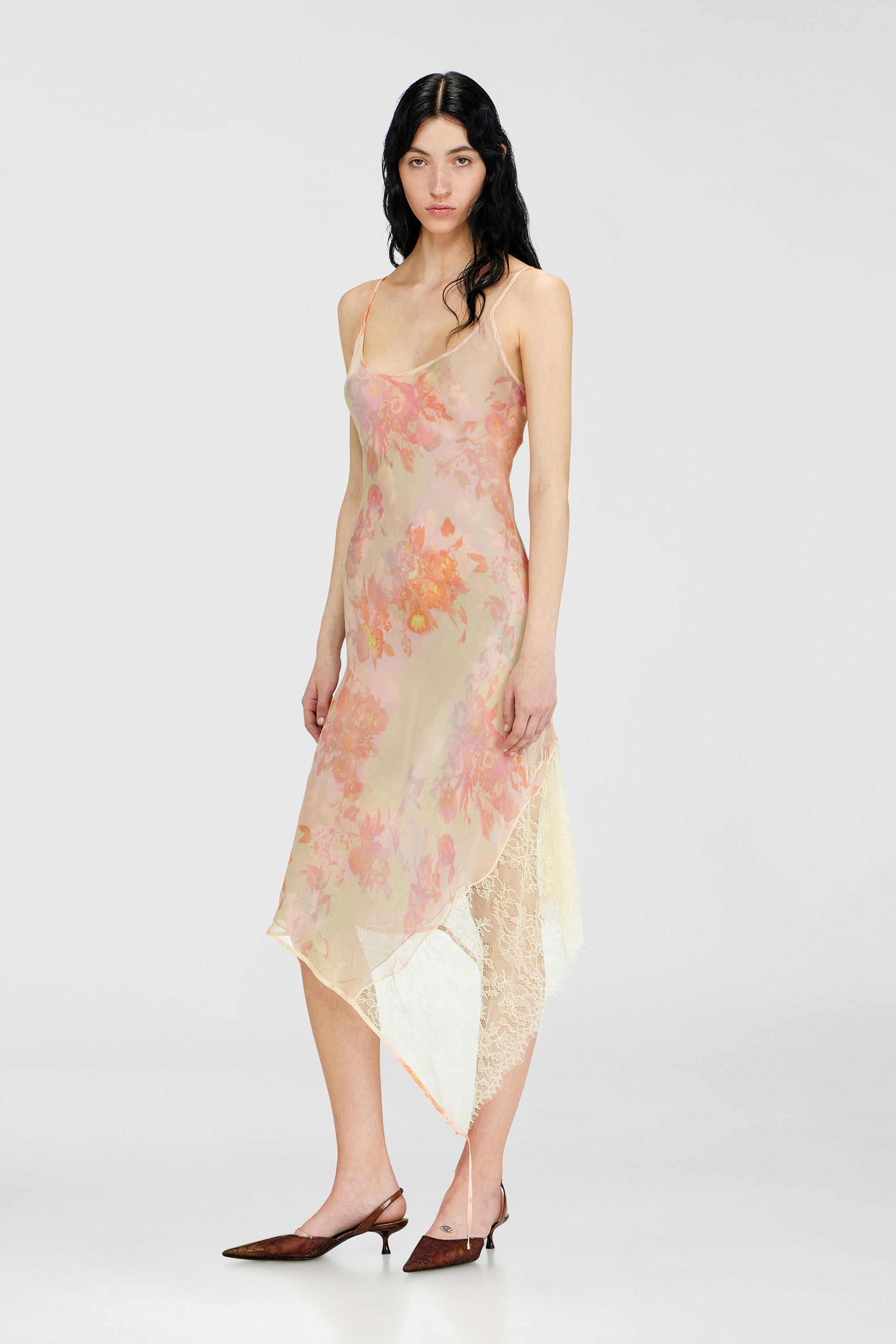 Diesel - D-ANCEL, Woman's Midi slip dress with floral print and lace trim in Pink/Yellow - 3