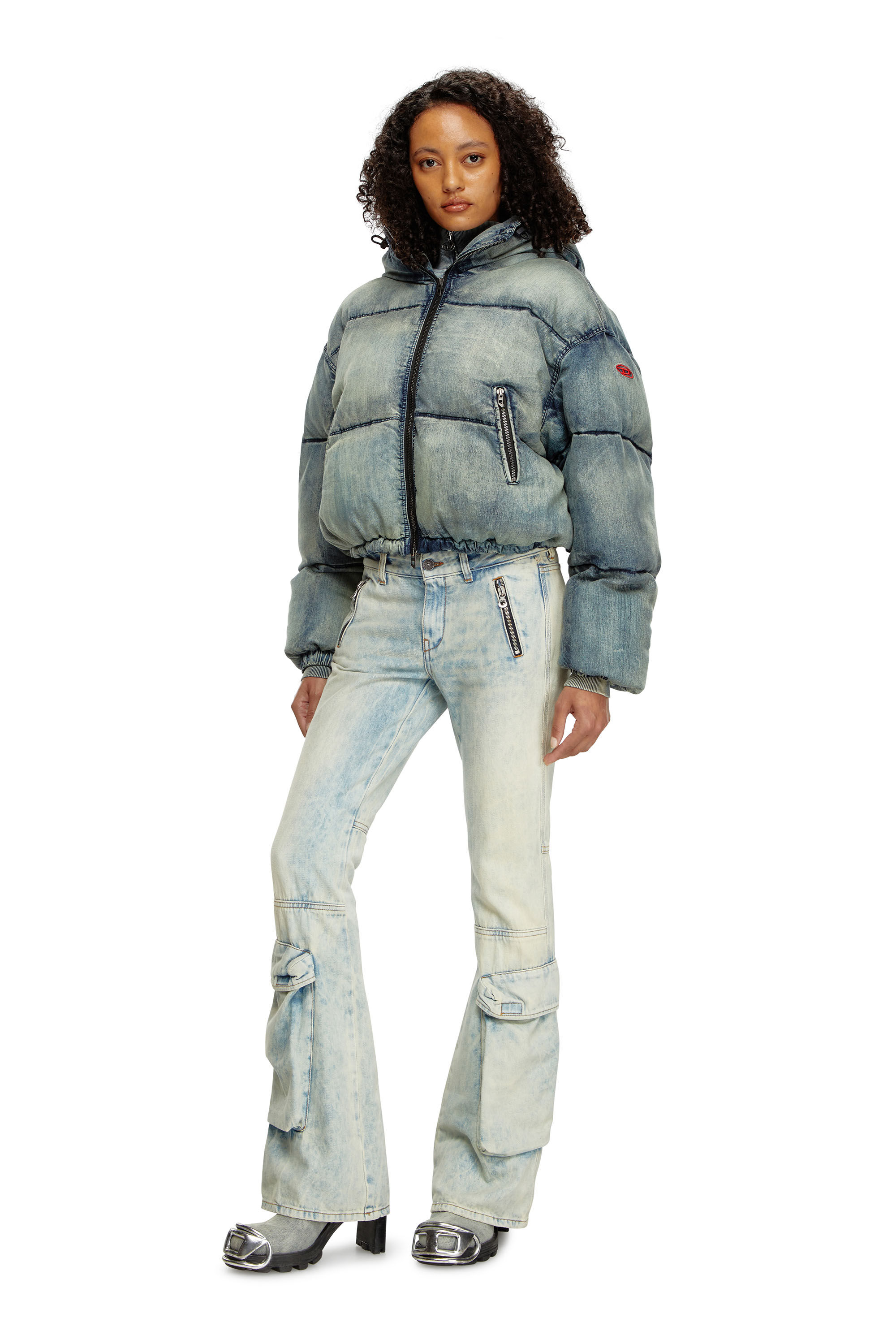 Women's Cropped hooded puffer jacket in denim | Blue | Diesel Women's Cropped hooded puffer jacket in denim | Blue | Diesel