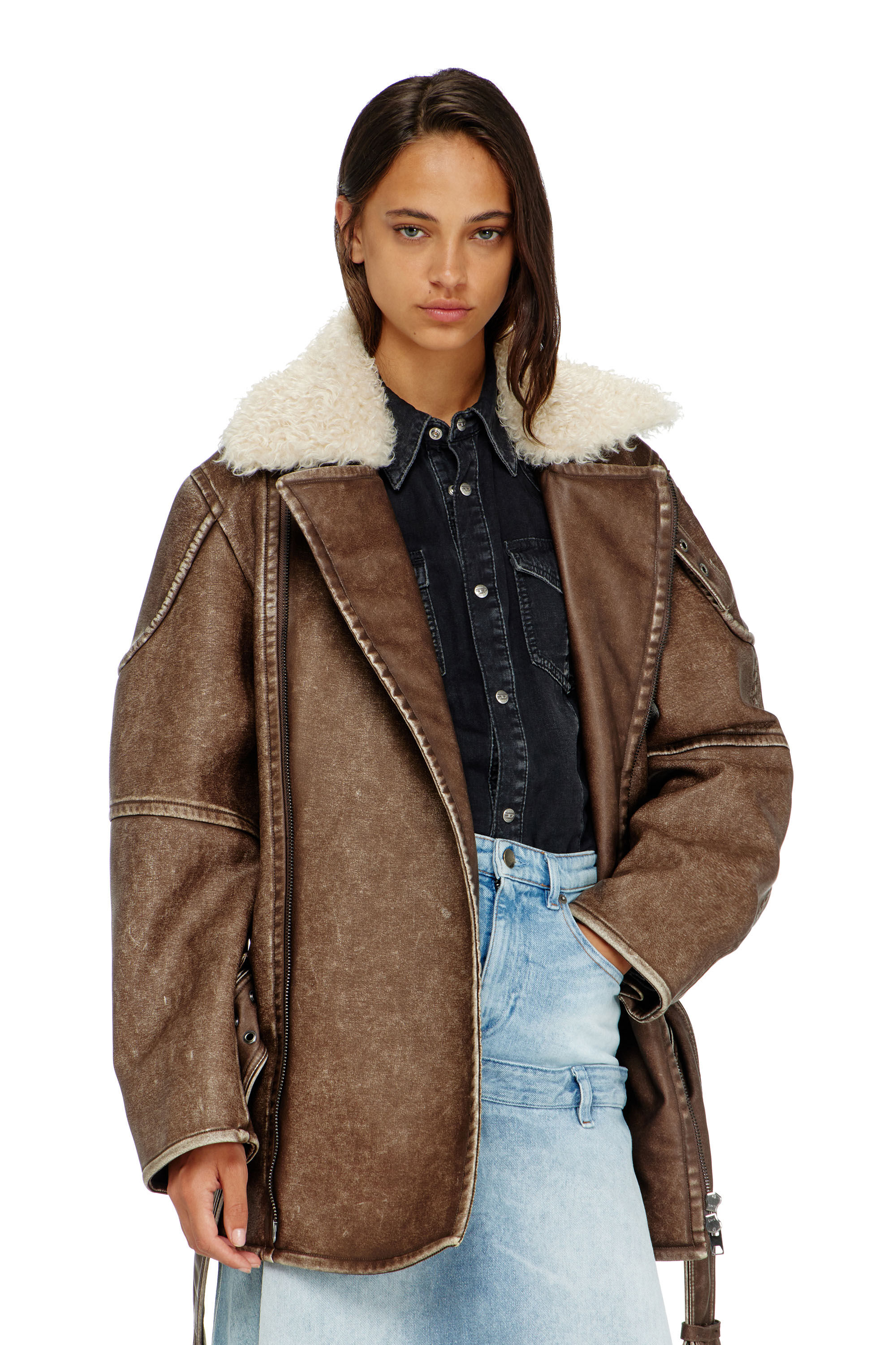 Diesel - G-EYSER, Woman's Double-breasted aviator-biker coat in Brown - 5