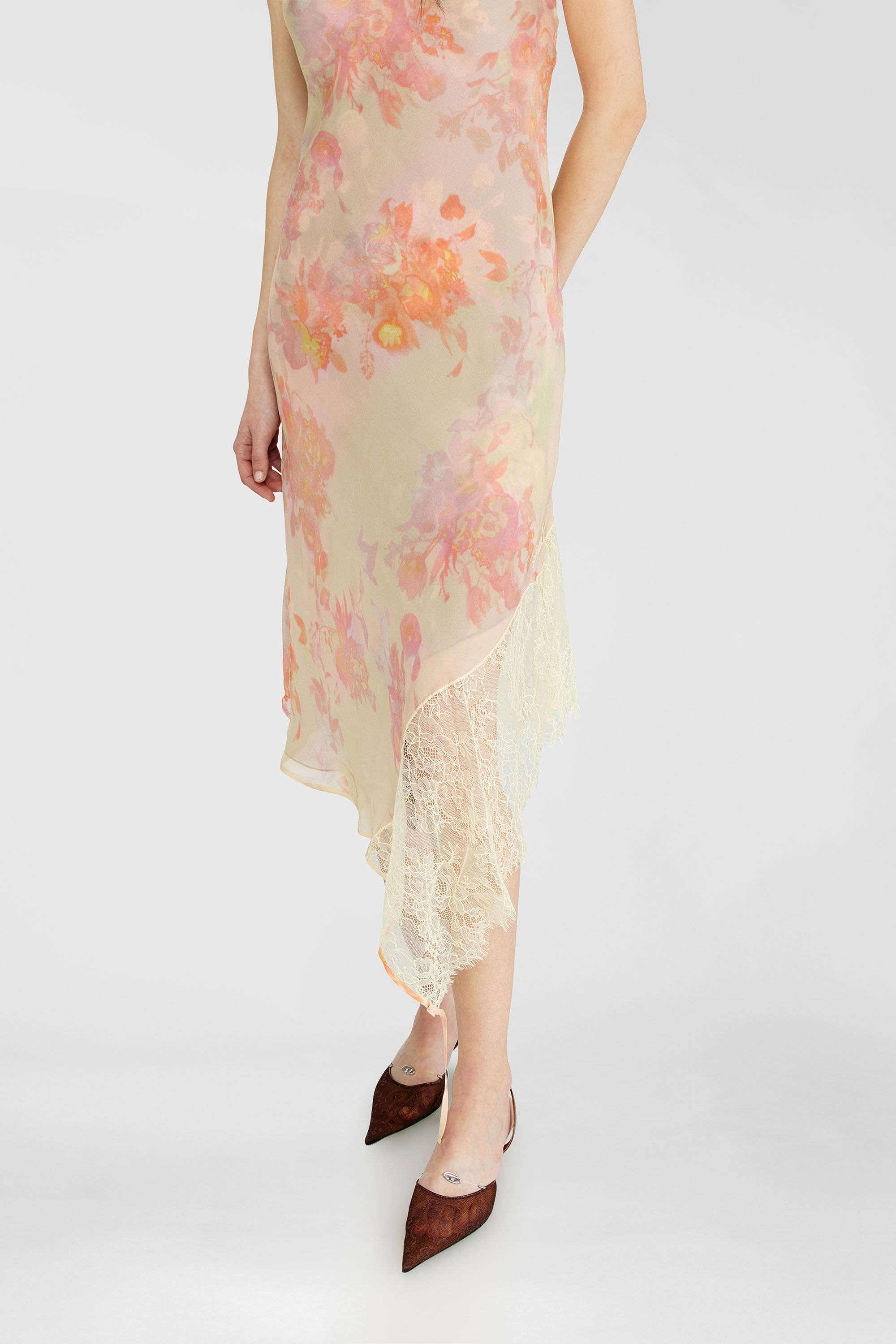 Diesel - D-ANCEL, Woman's Midi slip dress with floral print and lace trim in Pink/Yellow - 6