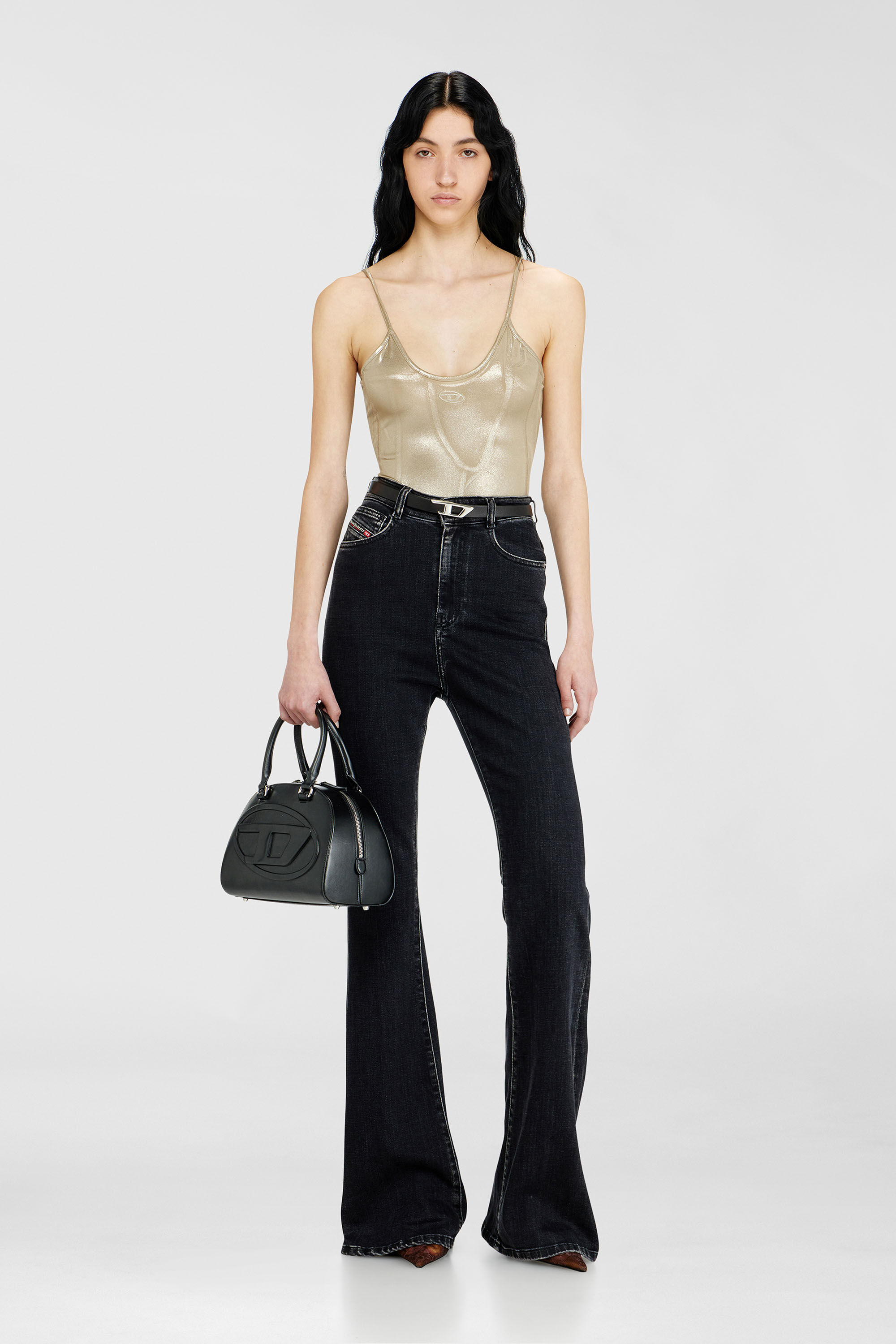 Diesel - T-IMYNY, Woman's Shiny jersey bodysuit with round neck in Gold - 1