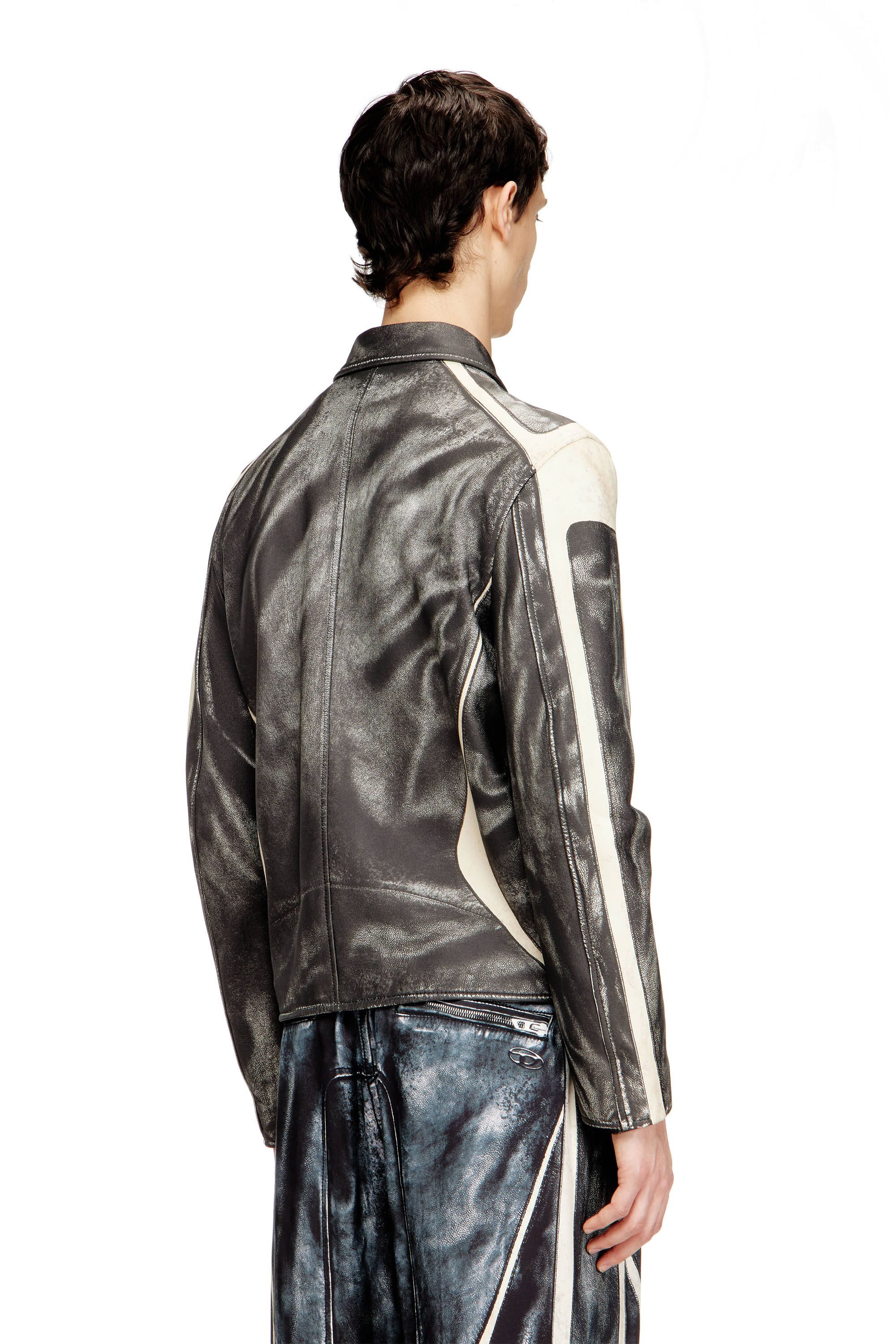 Diesel - L-AMAR-ENBI, Man's Leather coach jacket with biker print in Black/White - 4