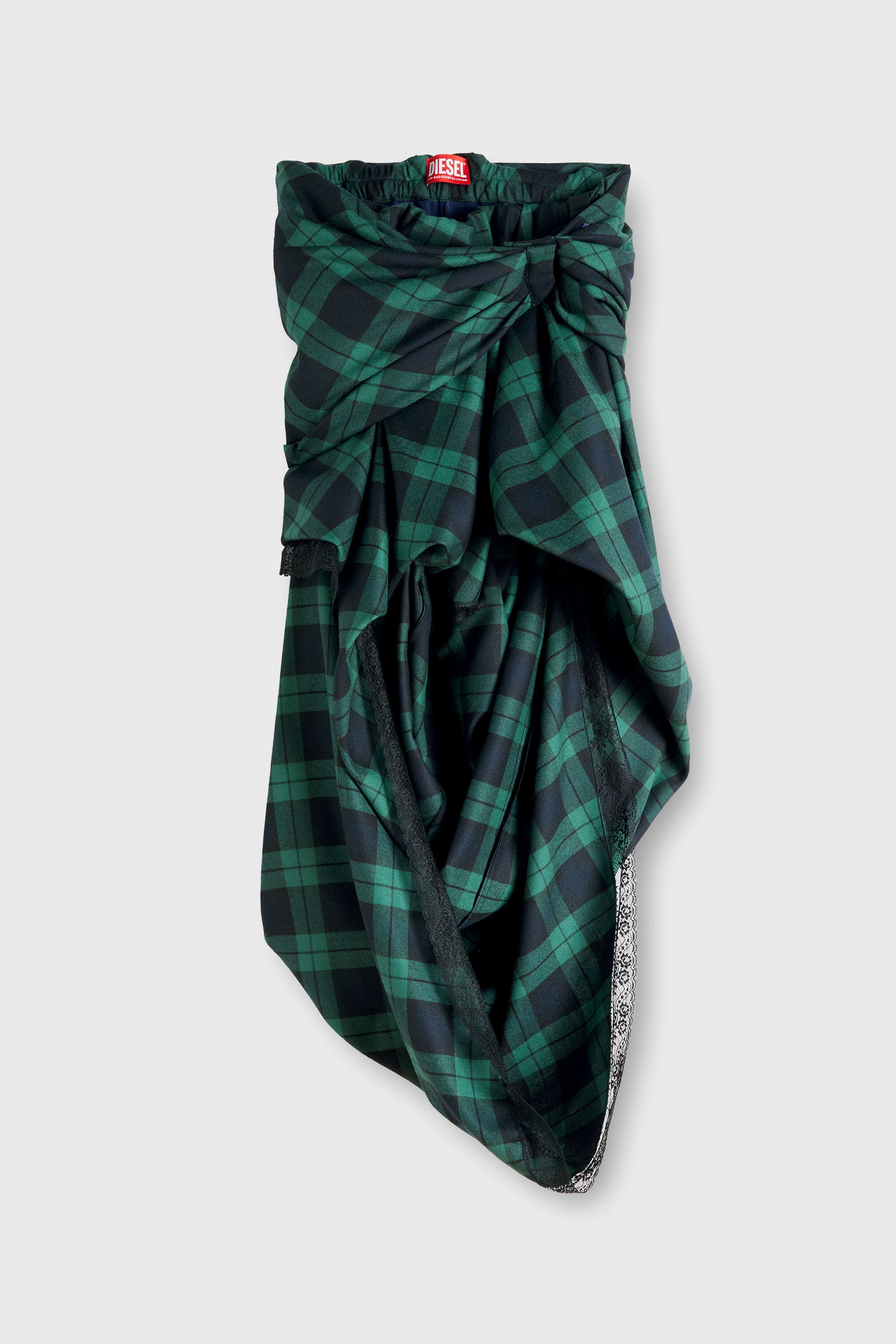 Diesel - O-WINNY, Woman's Draped tartan midi skirt with lace trim in Green/Blue - 2