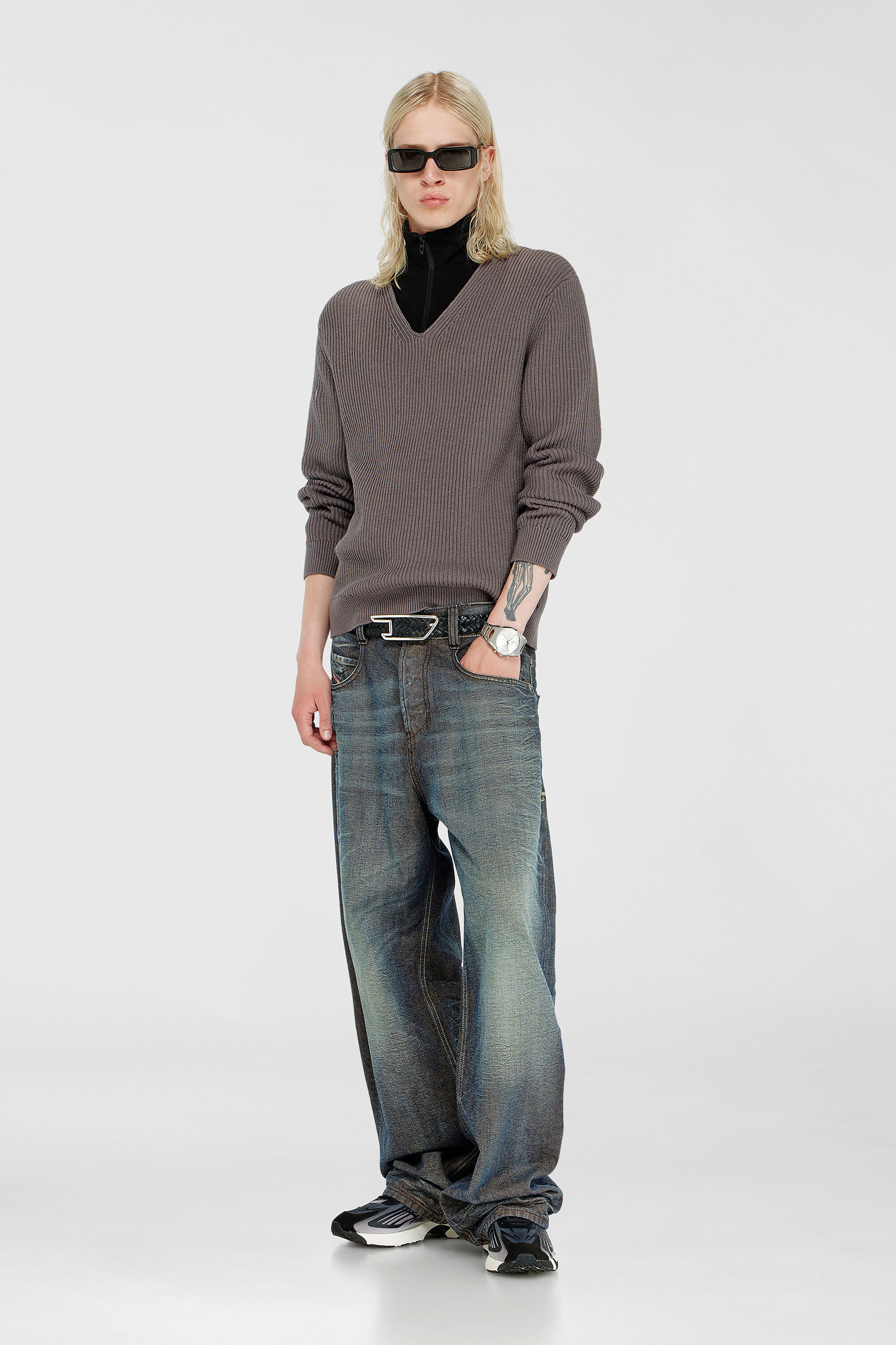 Diesel - K-MAMU, Man's Half-zip sweater with layered neckline in Black/Grey - 1
