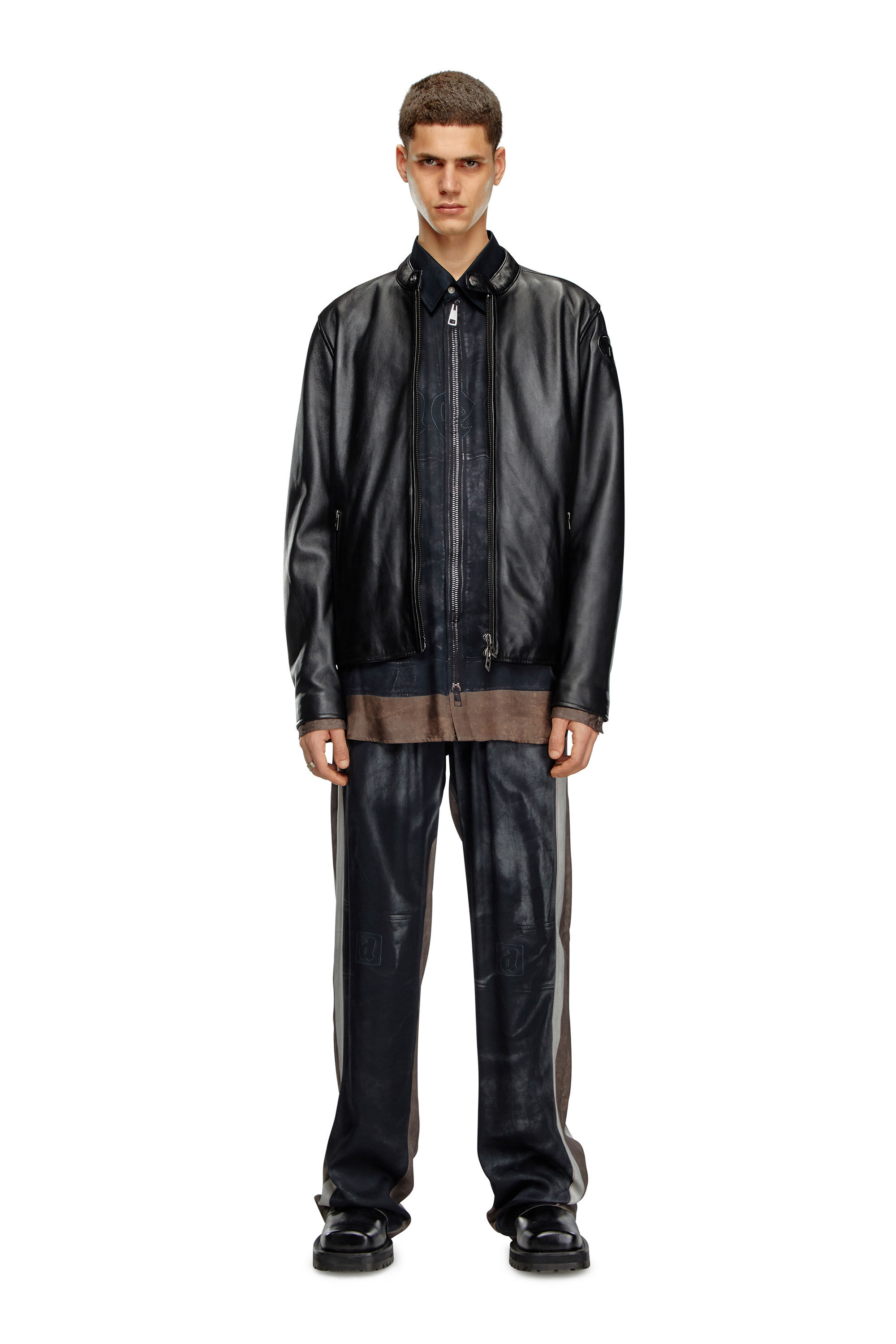 Men's Leather biker jacket with embossed logo | Black | Diesel Men's Leather biker jacket with embossed logo | Black | Diesel