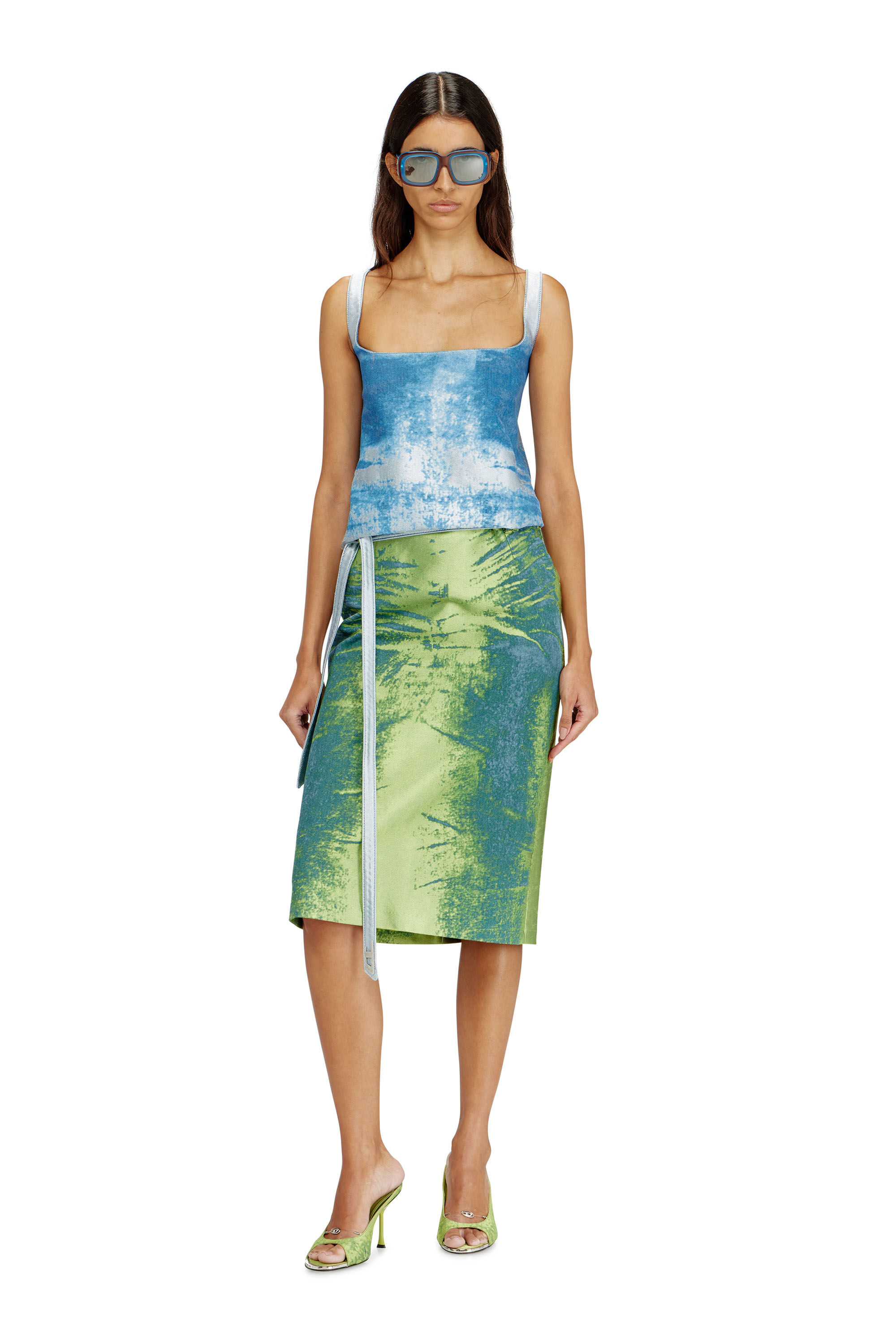 Diesel - DE-SANAT-FSI, Woman's Open-back apron dress in coloured satin denim in Blue/Green - 1
