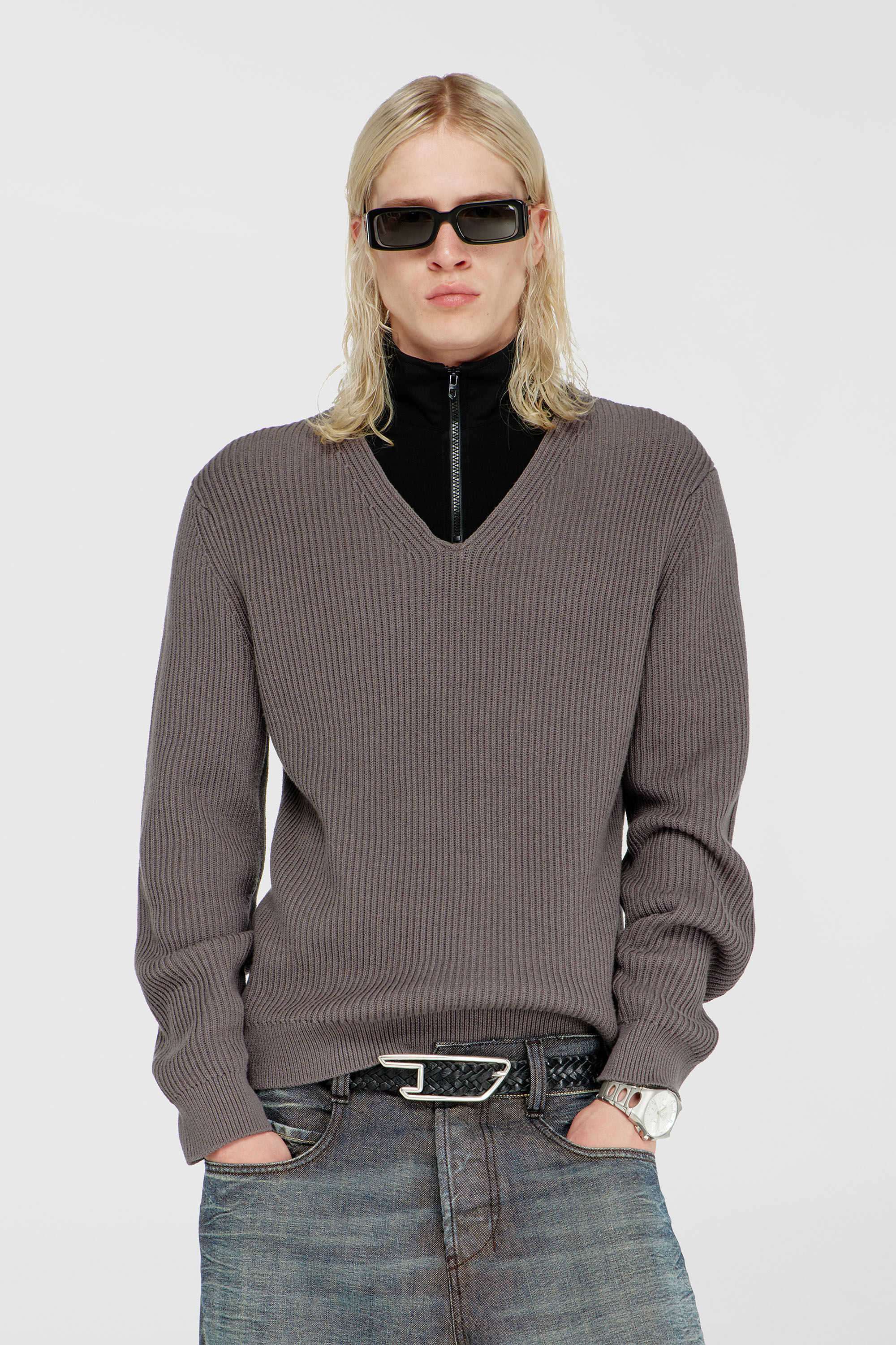 Diesel - K-MAMU, Man's Half-zip sweater with layered neckline in Black/Grey - 3