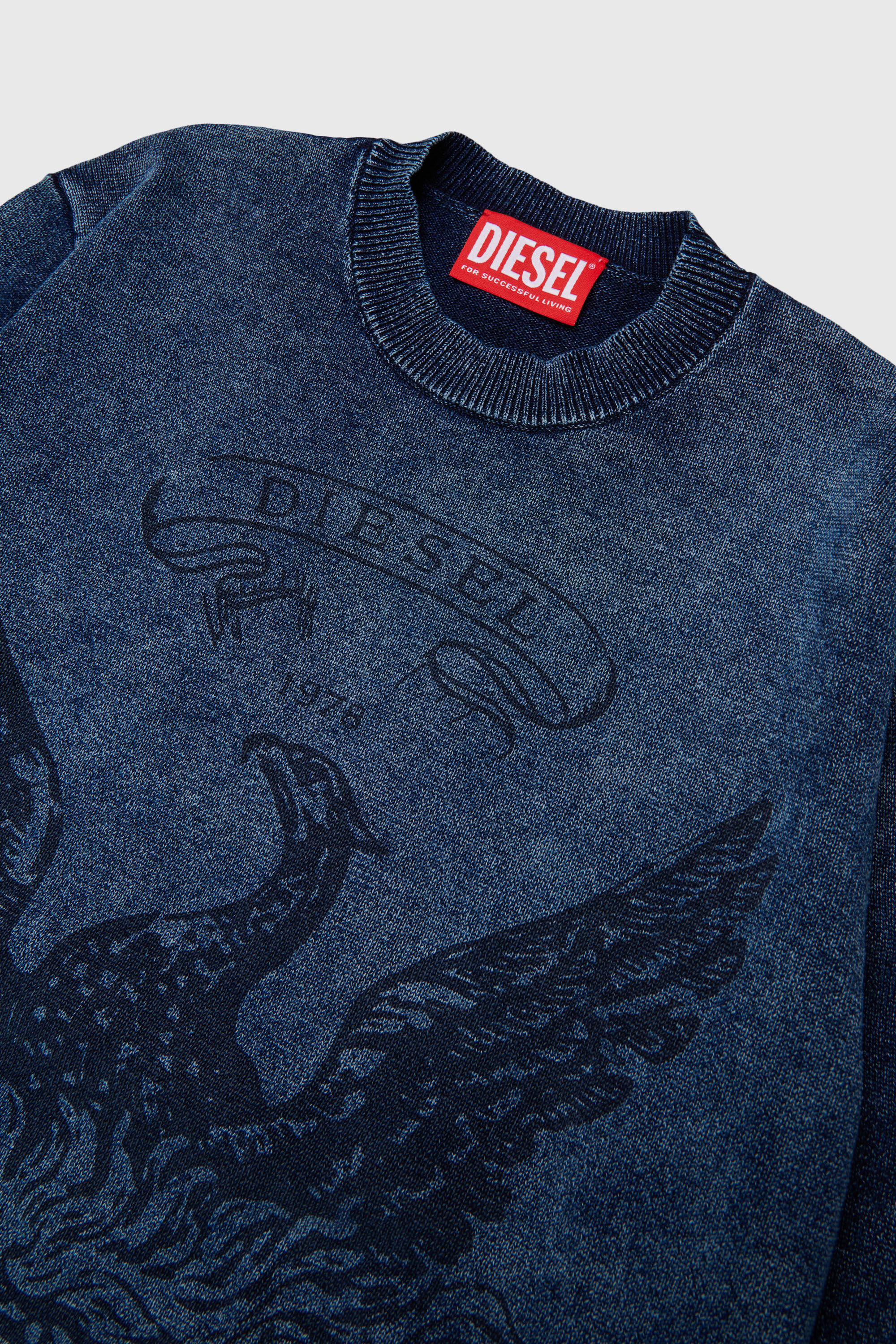 Diesel - KFINNIC OVER, Man's Denim-effect jumper with phoenix motif in Dark Blue - 3
