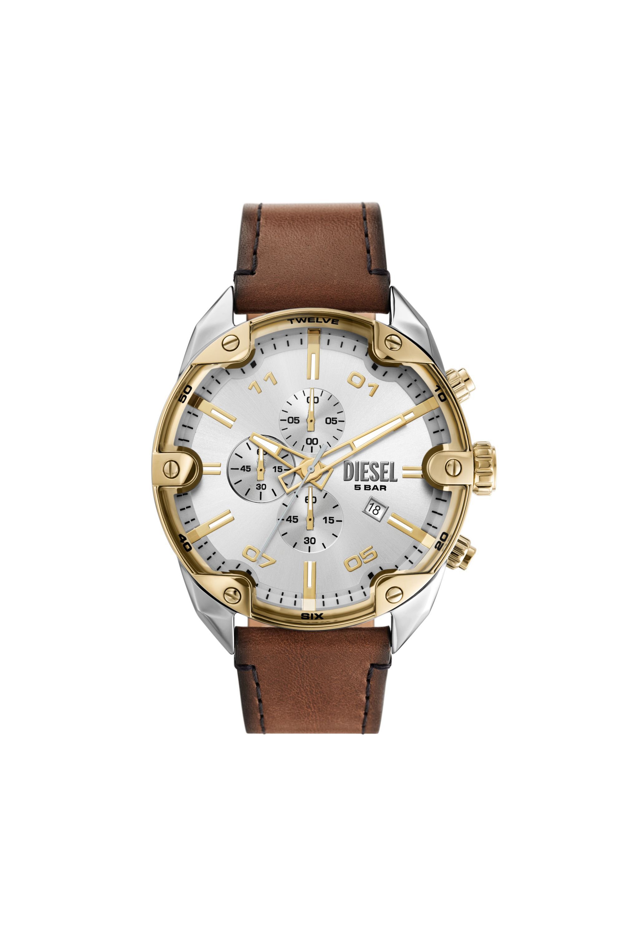 Diesel - DZ4665, Man Spiked chronograph brown leather watch in Brown - Image 1