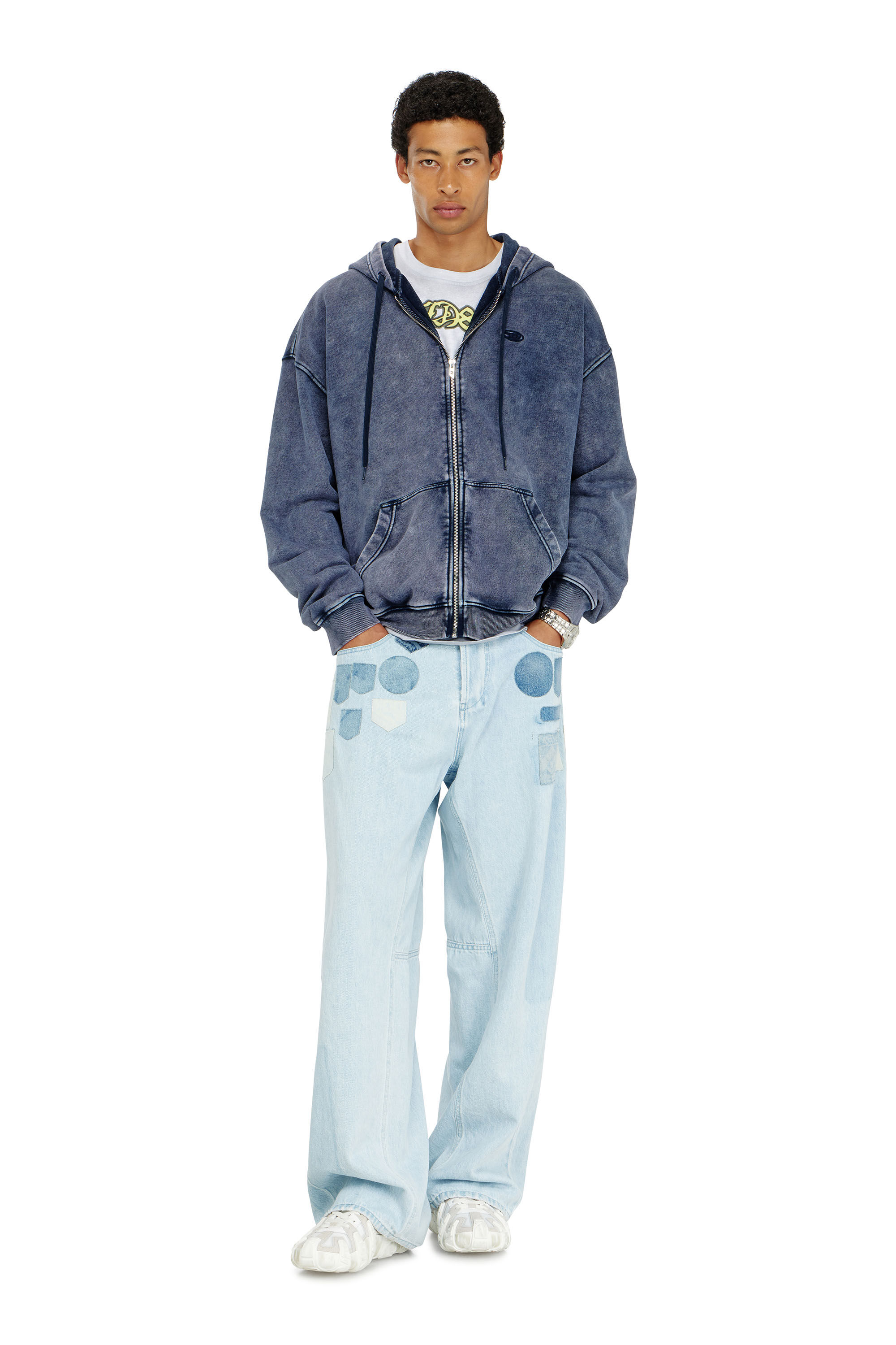 Diesel - S-BOXT-HOOD-ZIP-DEN, Man's Zip-up hoodie in treated cotton fleece in Blue - 1