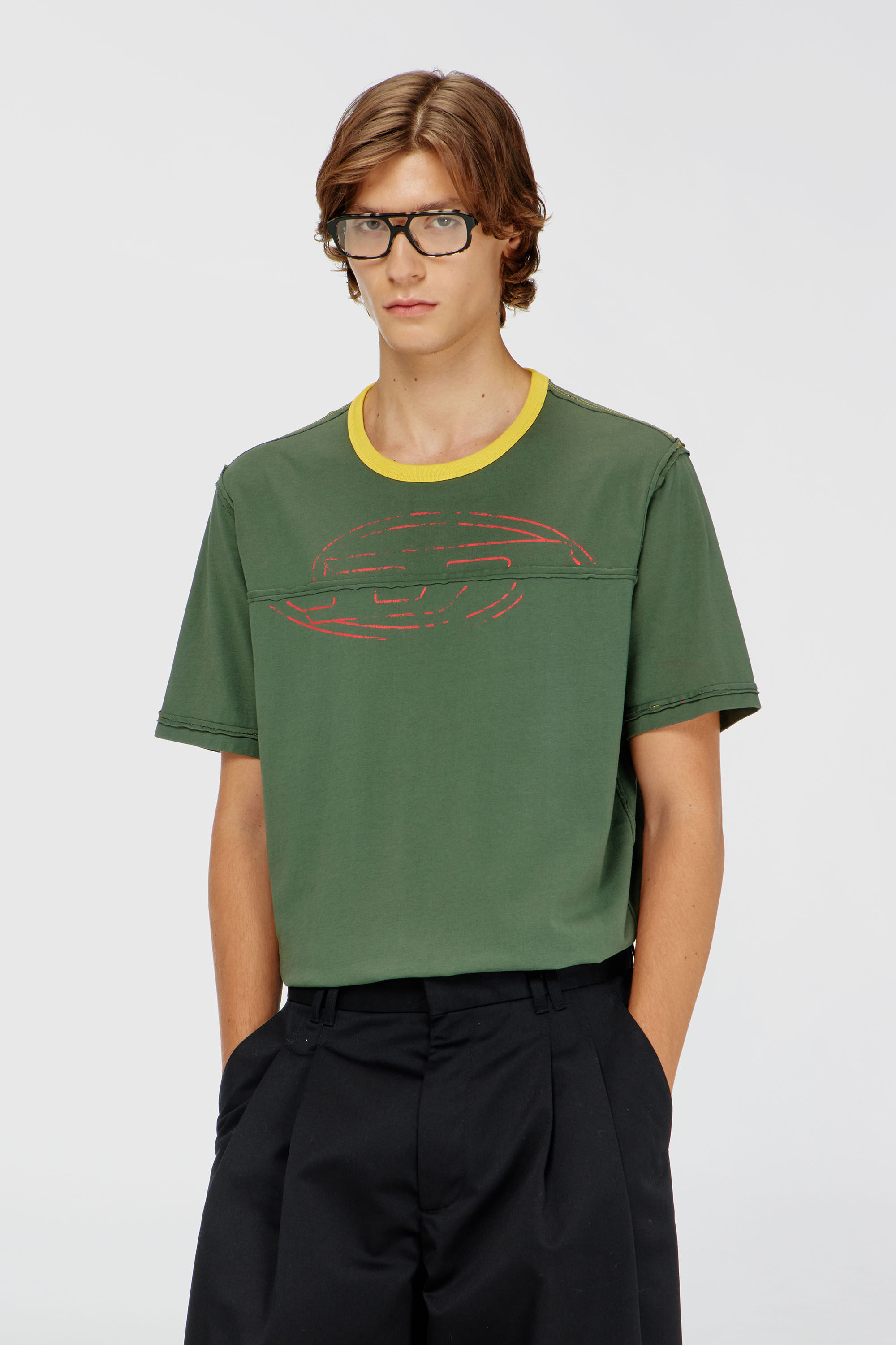 Diesel - T-ADJUST-CUT-OD, Man's T-shirt with sectioned Oval D in Olive Green - 3