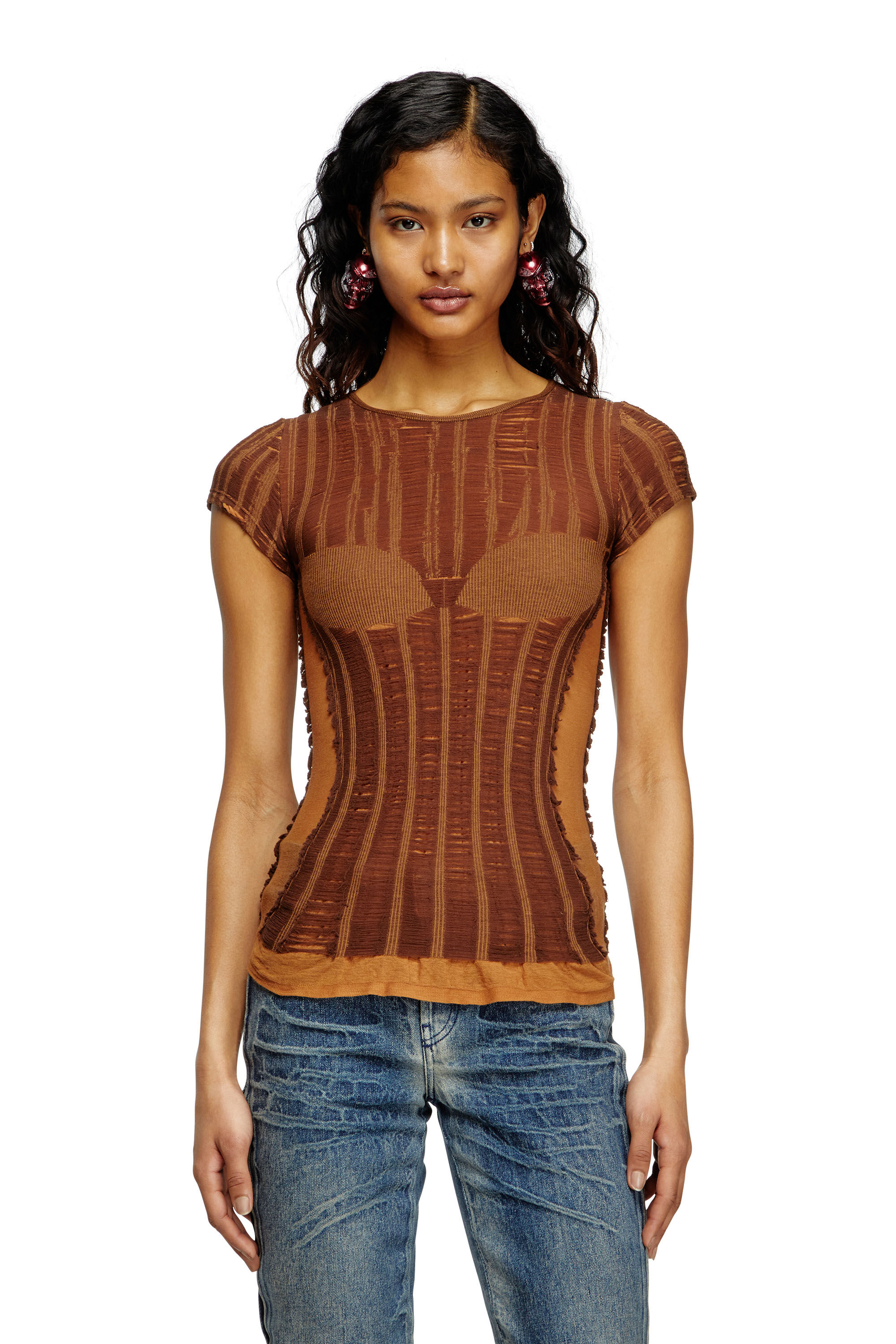 Diesel - M-CALAI-SS, Woman's Seamless T-shirt with lingerie illusion in Brown - 3