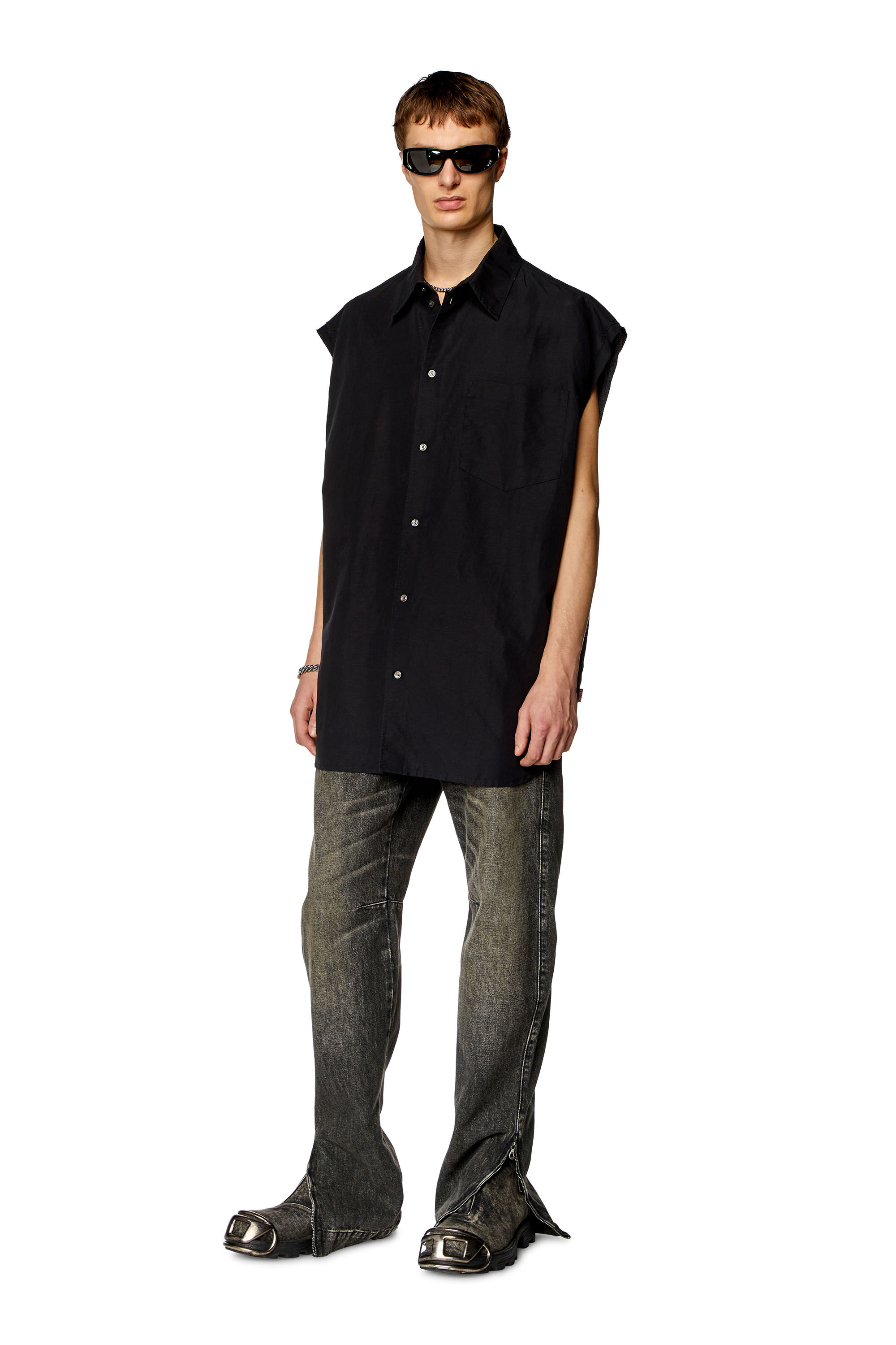 Diesel - S-SIMENS, Man Sleeveless shirt in linen blend in Black - Image 1