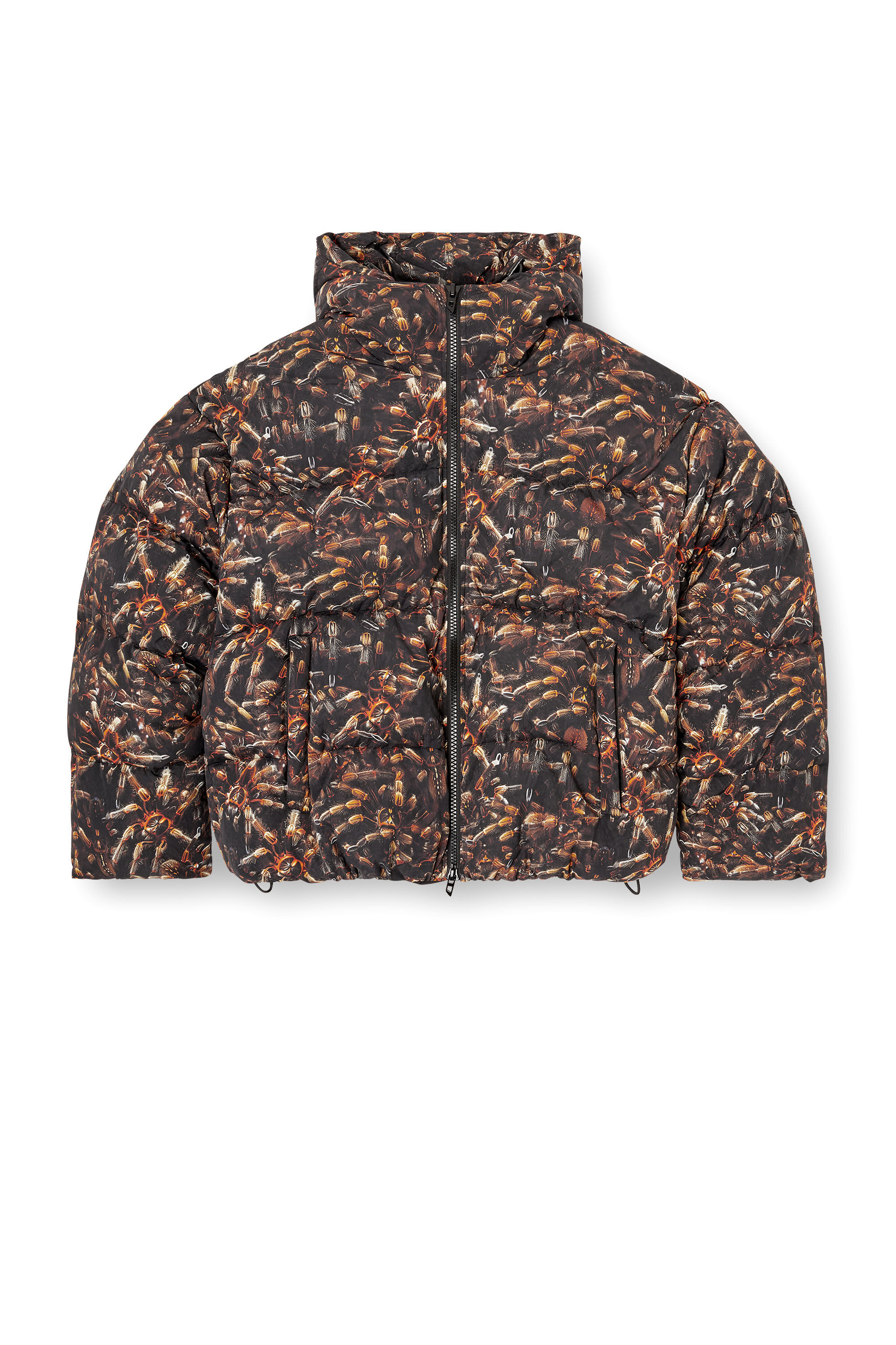 Diesel - W-SPIDER, Man's Hooded puffer jacket with spider print in Black/Brown - 2