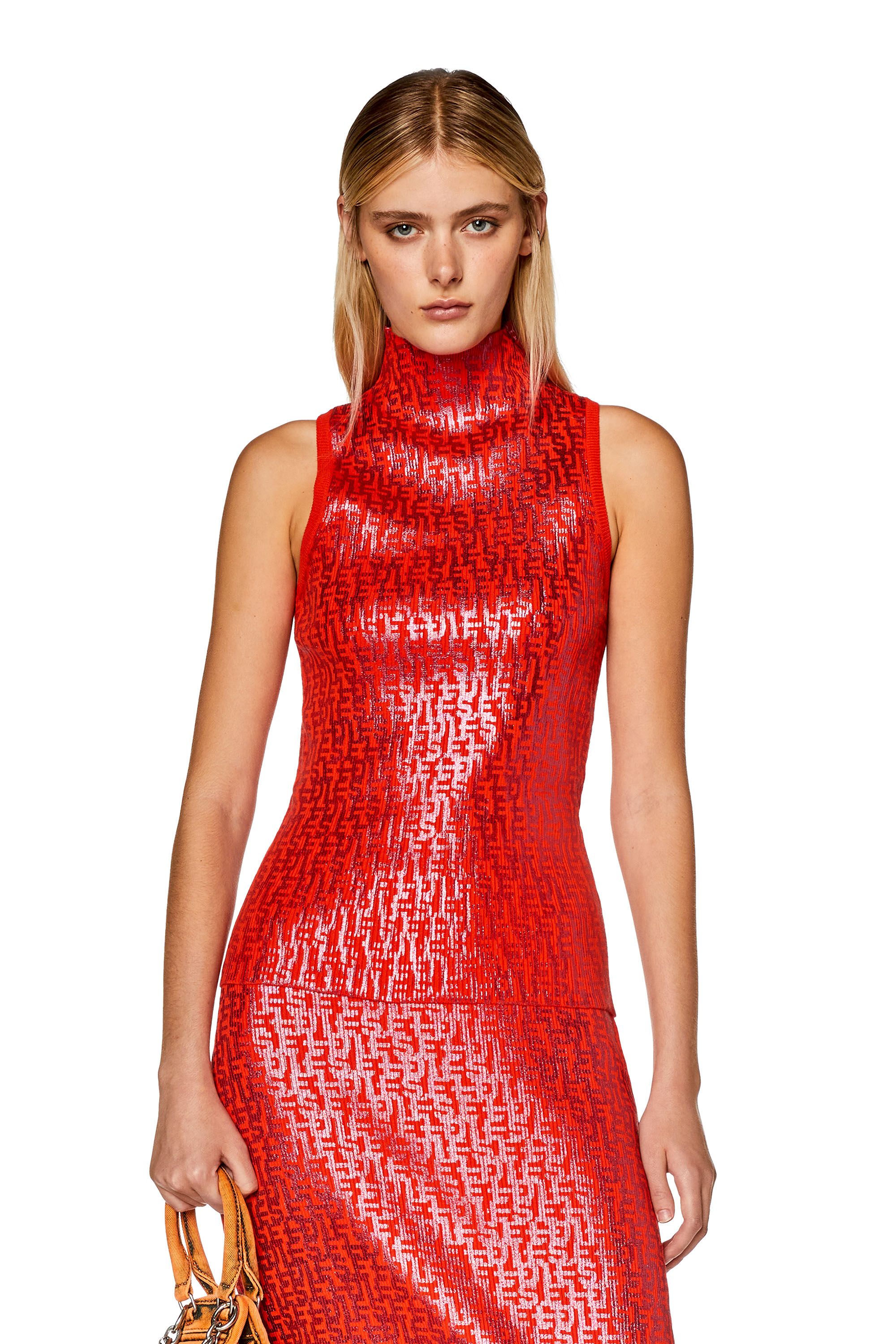 Diesel - M-EGEO, Woman's Tank top with metallic monogram print in Red - 3