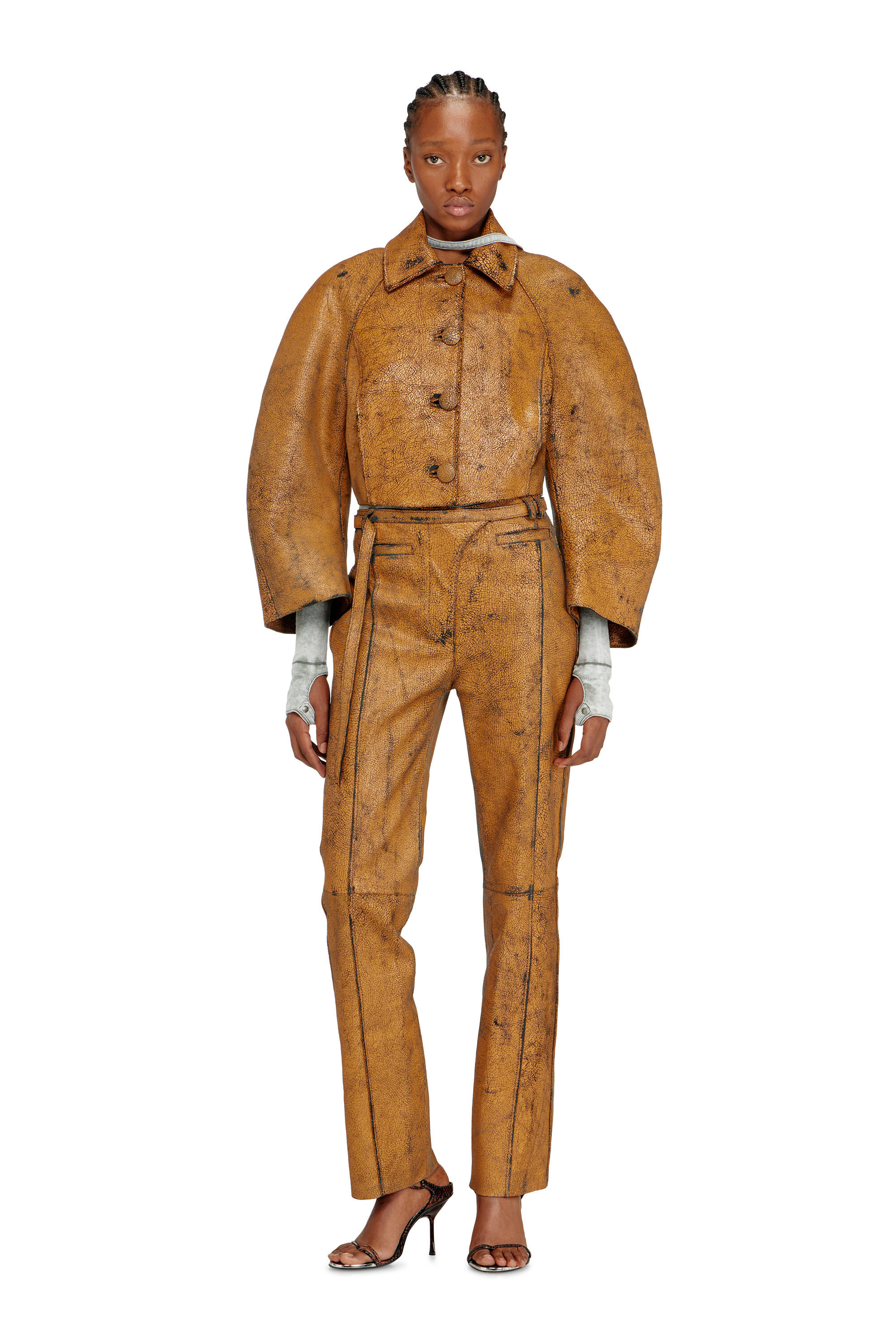 Diesel - L-RAYA, Woman's Cropped cocoon jacket in crackle leather in null - 1