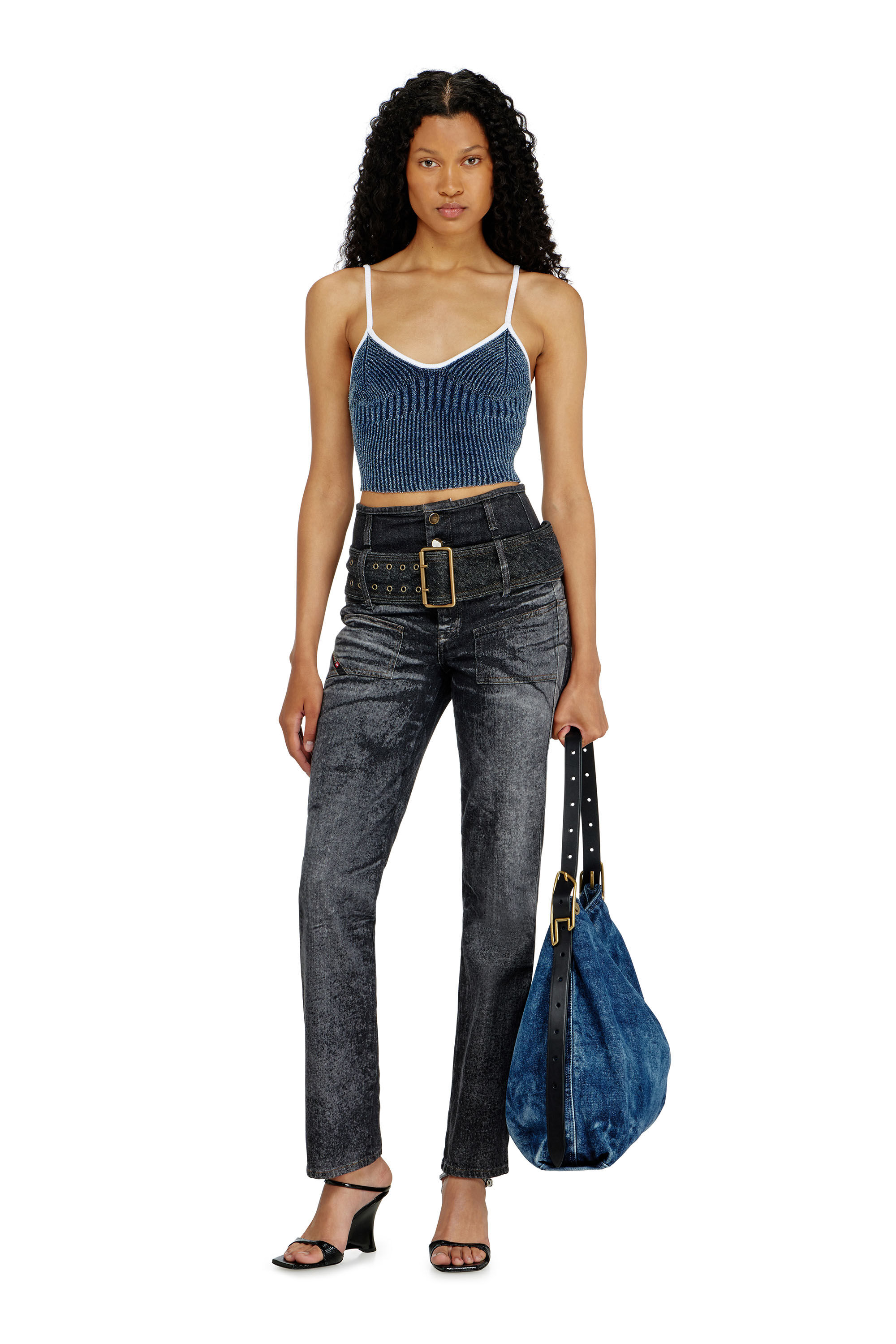 Diesel - M-ESTERE, Woman's Crop top in indigo boucl&eacute; ribbed knit in Blue/White - 1
