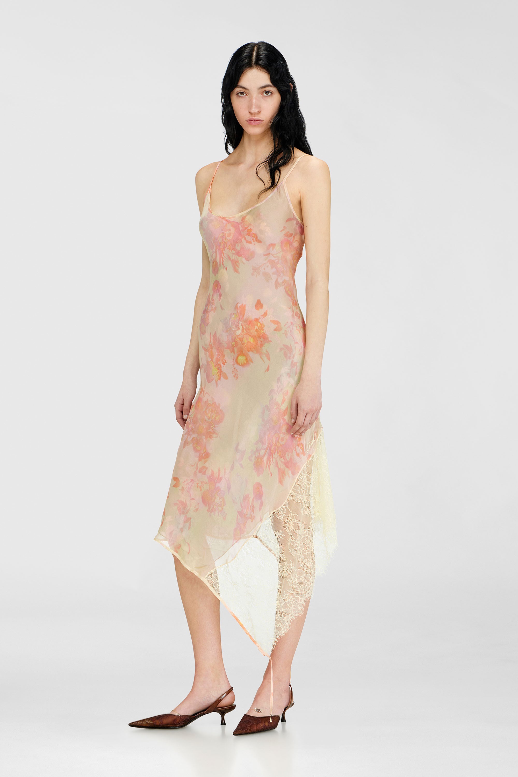 Diesel - D-ANCEL, Woman's Midi slip dress with floral print and lace trim in Pink/Yellow - 3