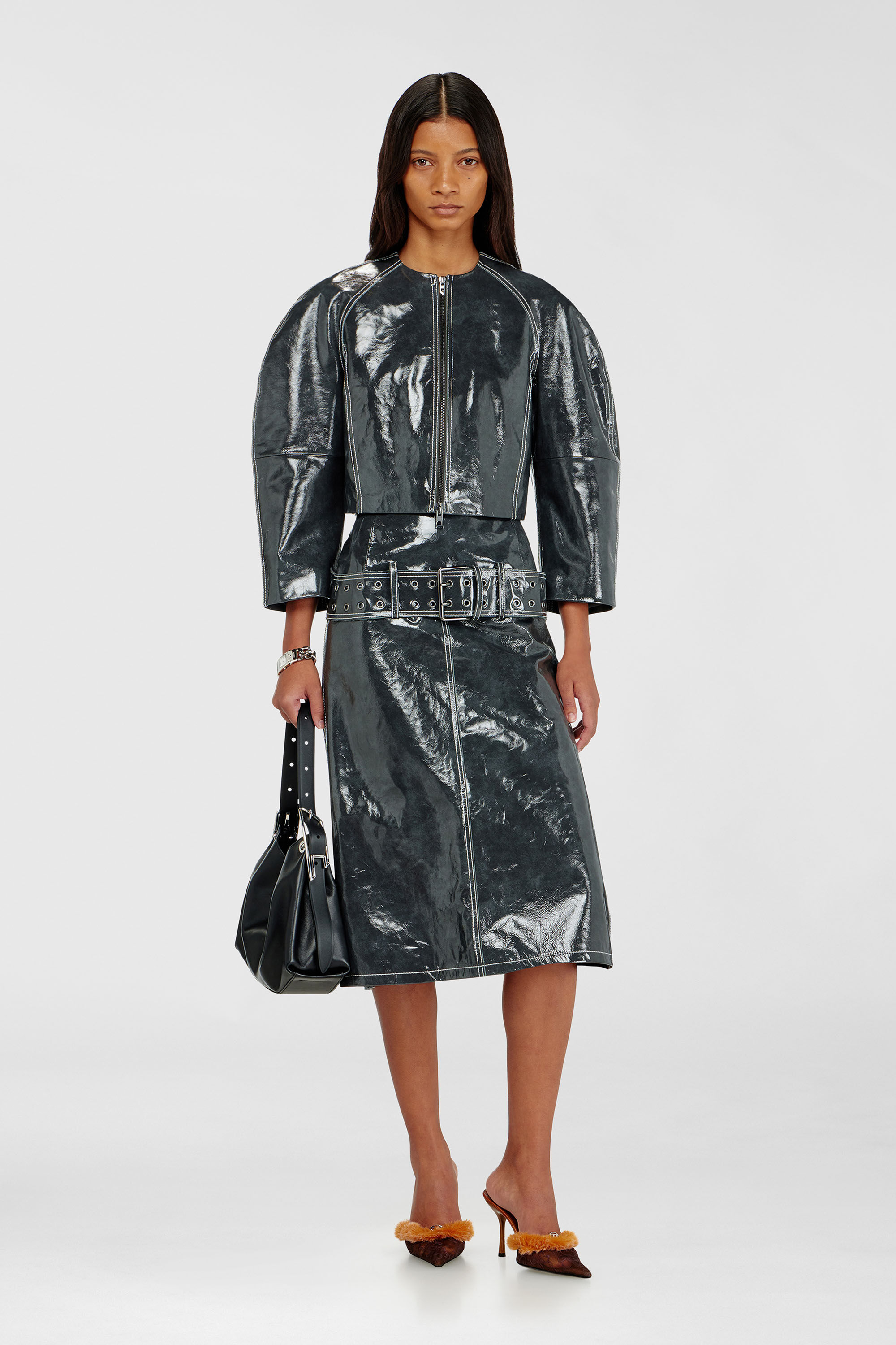Diesel - L-ANDON, Woman's Patent-leather jacket with cocoon sleeves in Dark grey - 1