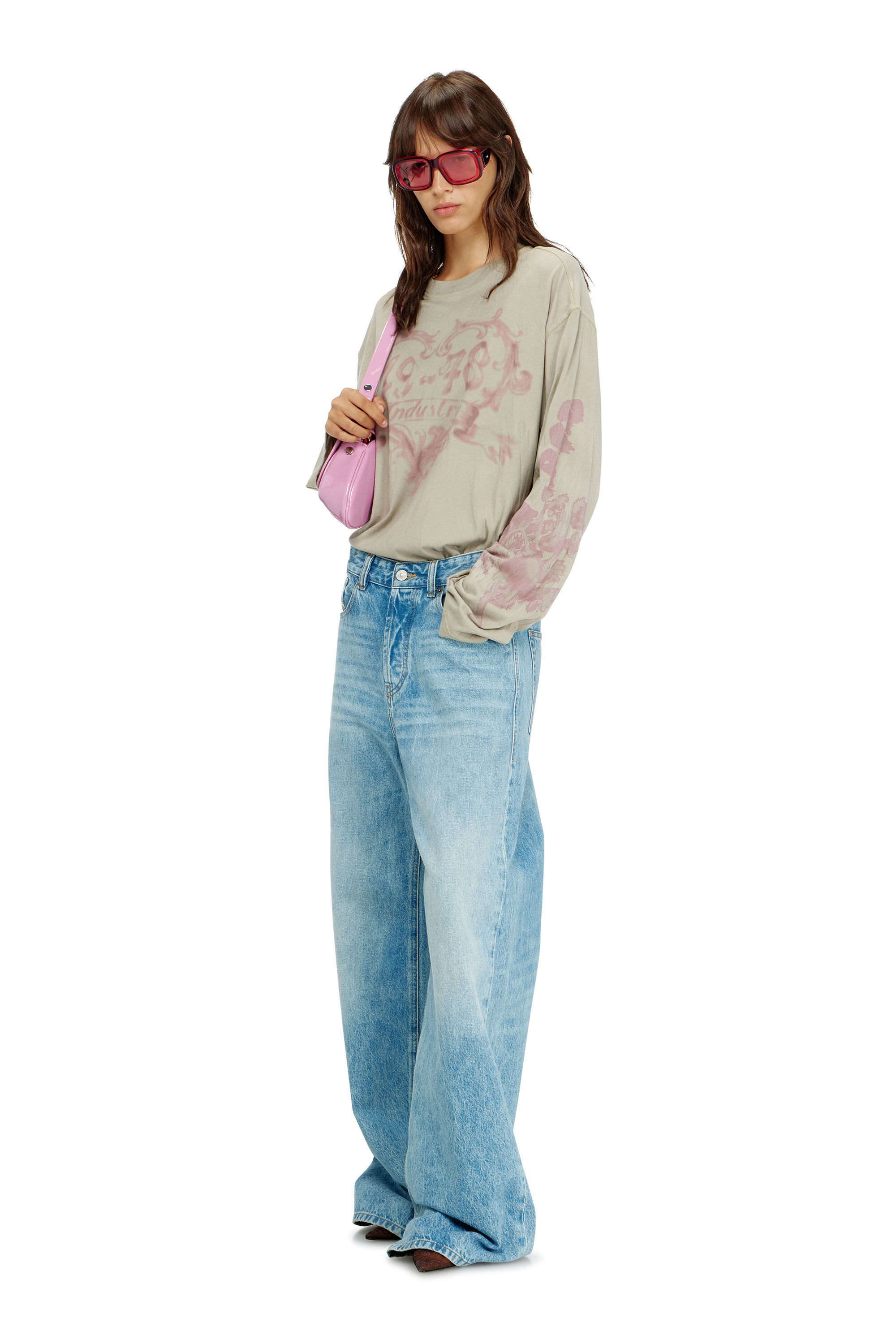 Diesel - T-HILARY-LS-AA1, Woman's Cotton long-sleeve T-shirt with graphic print in Pink/Beige - 1