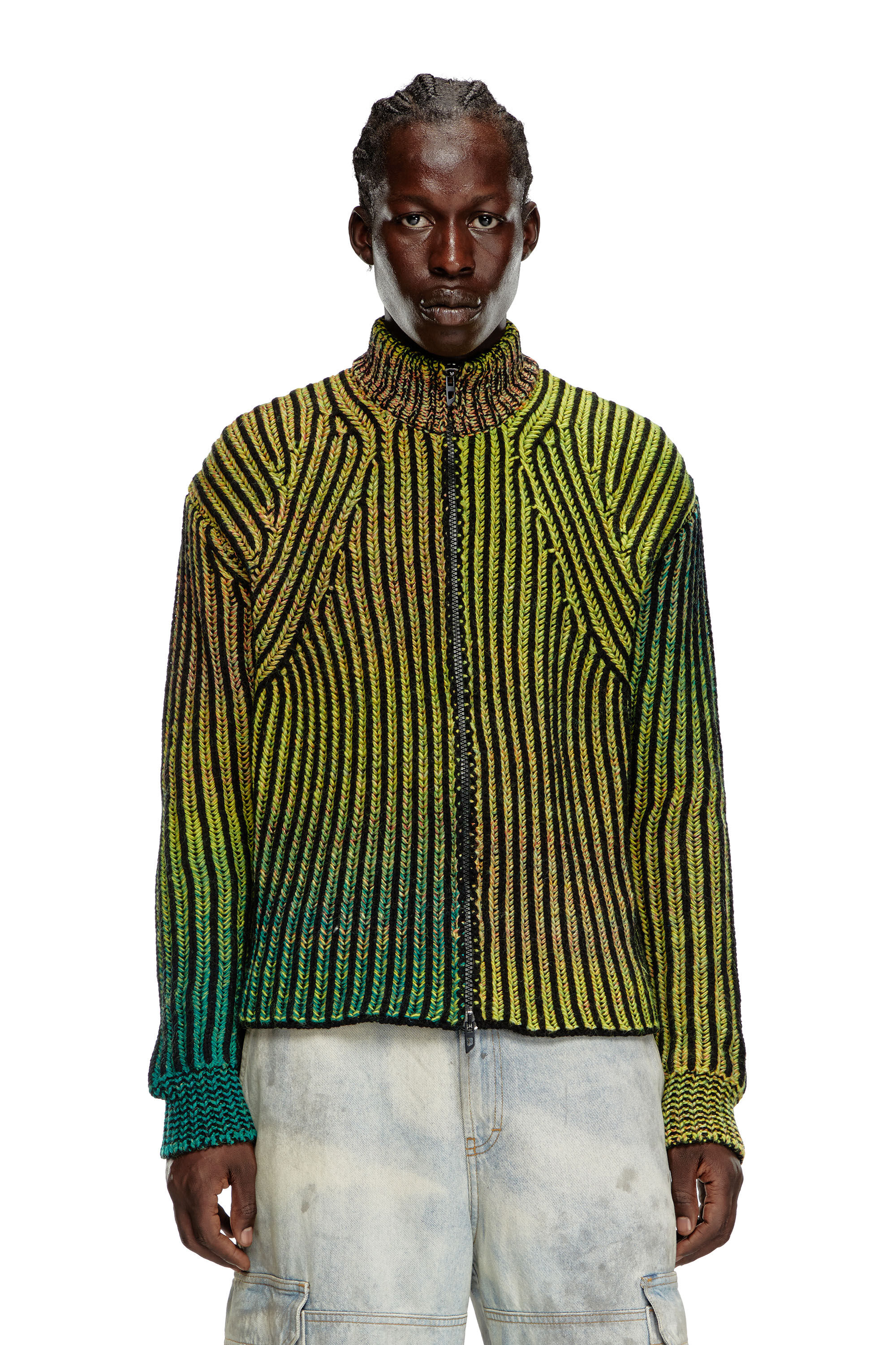 Men's Striped ribbed zip-up cardigan | Green | Diesel