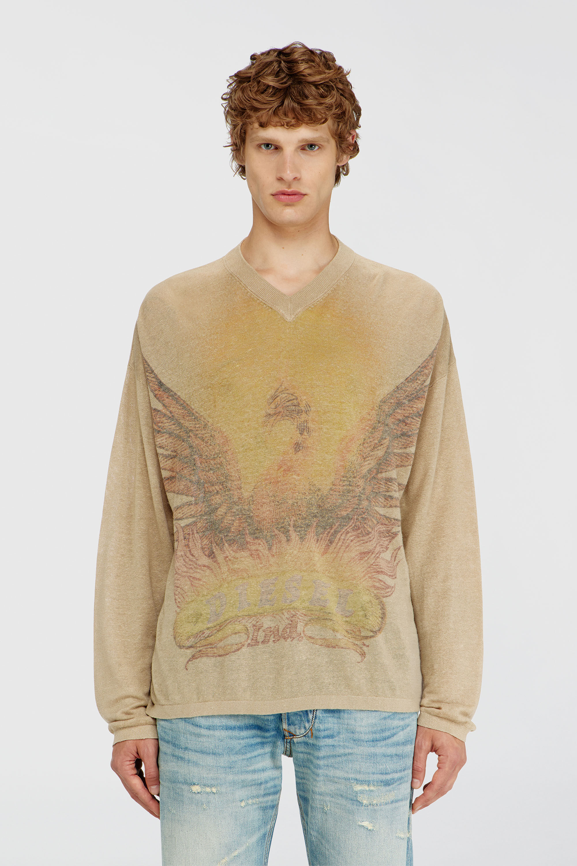 Diesel - K-ARMINS, Man's Linen jumper with faded Phoenix print in Beige - 3